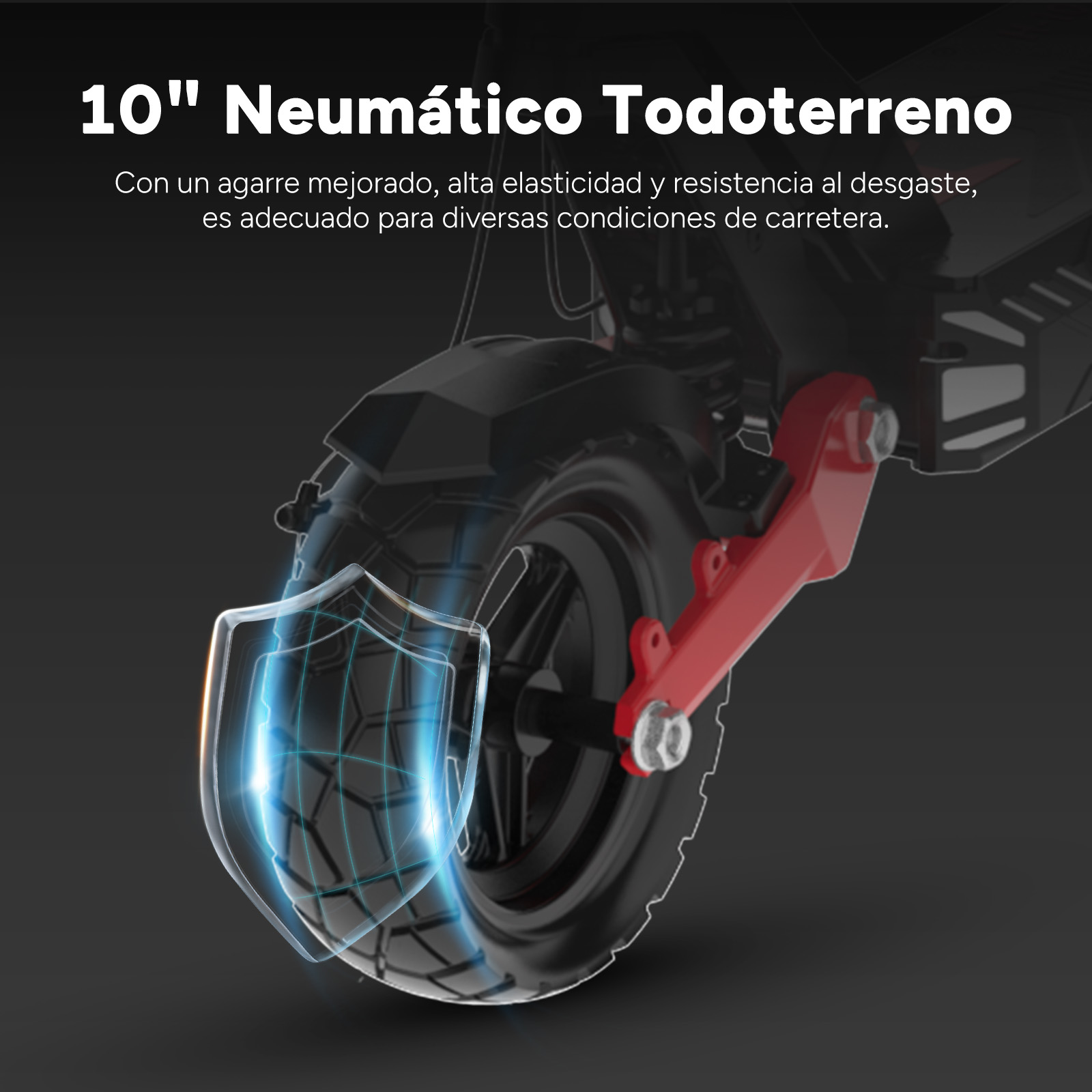 Primer plano de un neumático negro con suspensión roja. Un escudo gráfico está sobre el neumático. Texto: 'Neumático Todoterreno de 10"'.