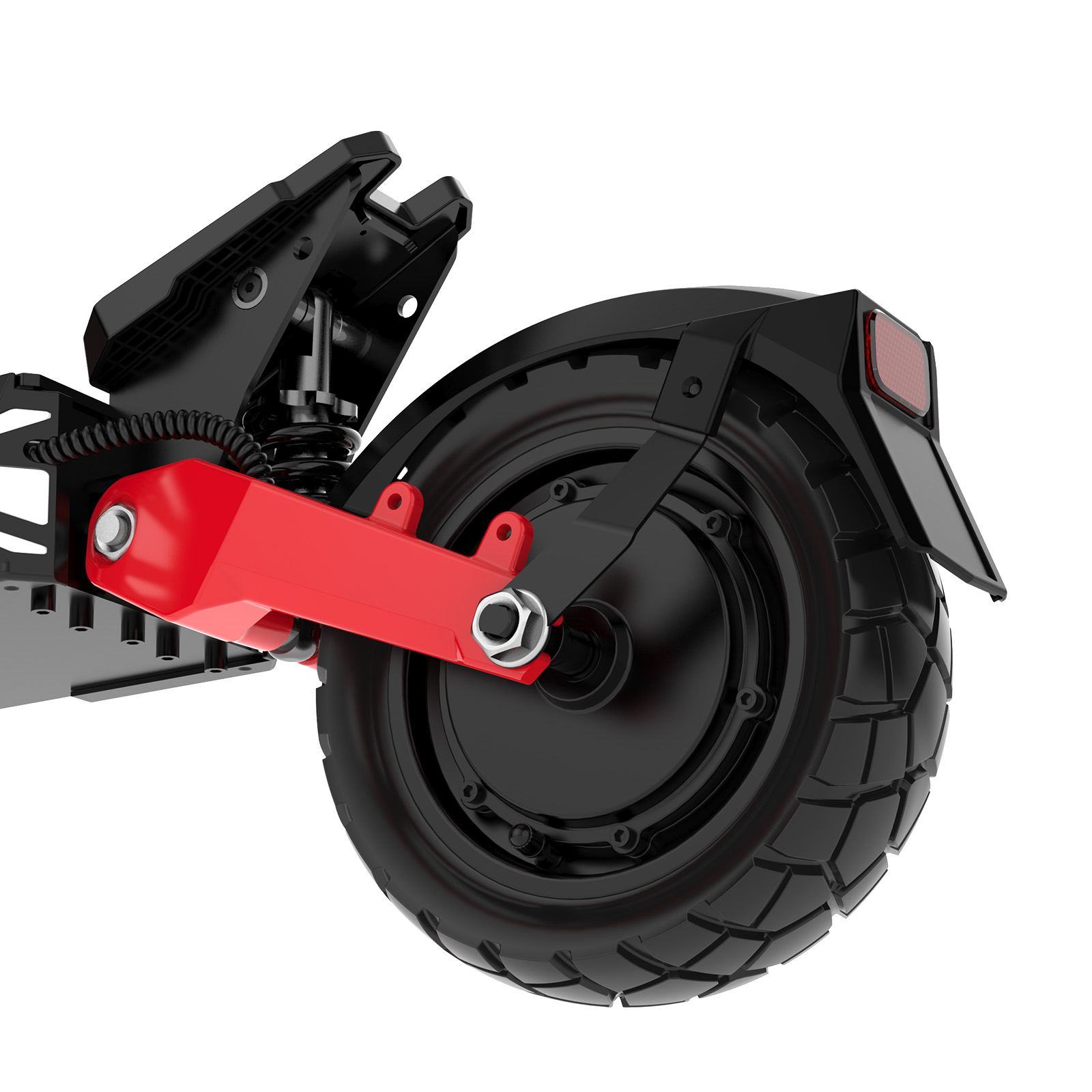 Nahaufnahme des Hinterrads eines E-Scooters. Schwarzer Reifen, roter Federarm, schwarzer Kotflügel mit rotem Reflektor.