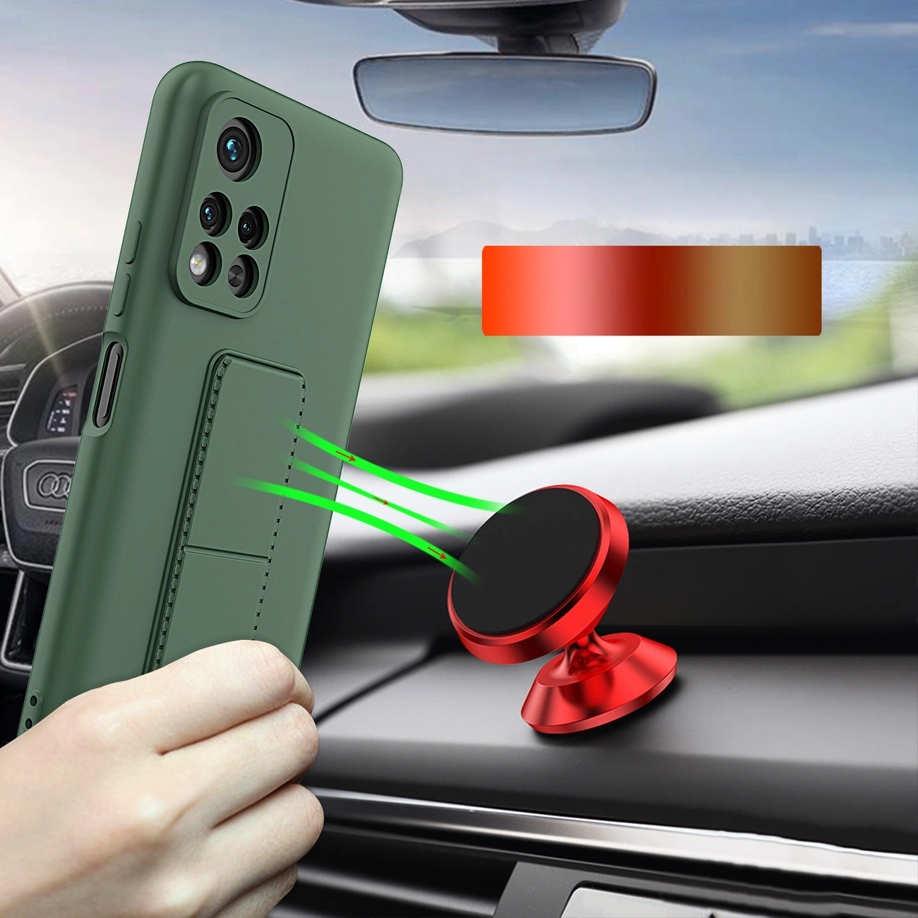 Zielone etui na telefon z podpórką trzymane blisko czerwonego uchwytu samochodowego. Zielone linie wskazują na przyciąganie magnetyczne.