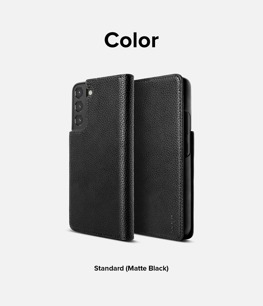 Dwa czarne etui na telefon, jedno otwarte i jedno zamknięte, na jasnym tle. Tekst na górze mówi 'Kolor', a na dole 'Standard (Matte Black)'.