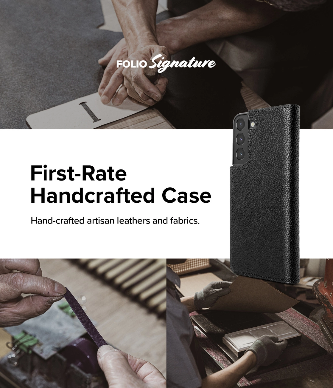 Obraz przedstawia czarne etui na telefon, dłonie obrabiające skórę i tekst "First-Rate Handcrafted Case".