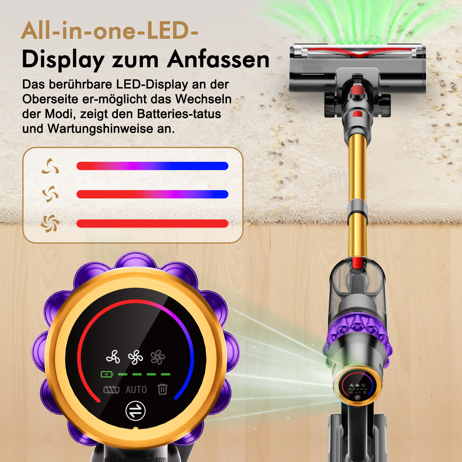 Ein Staubsauger mit LED-Display. Das Display zeigt Batteriestatus und Modi an. Der Staubsauger ist gold, lila und schwarz.