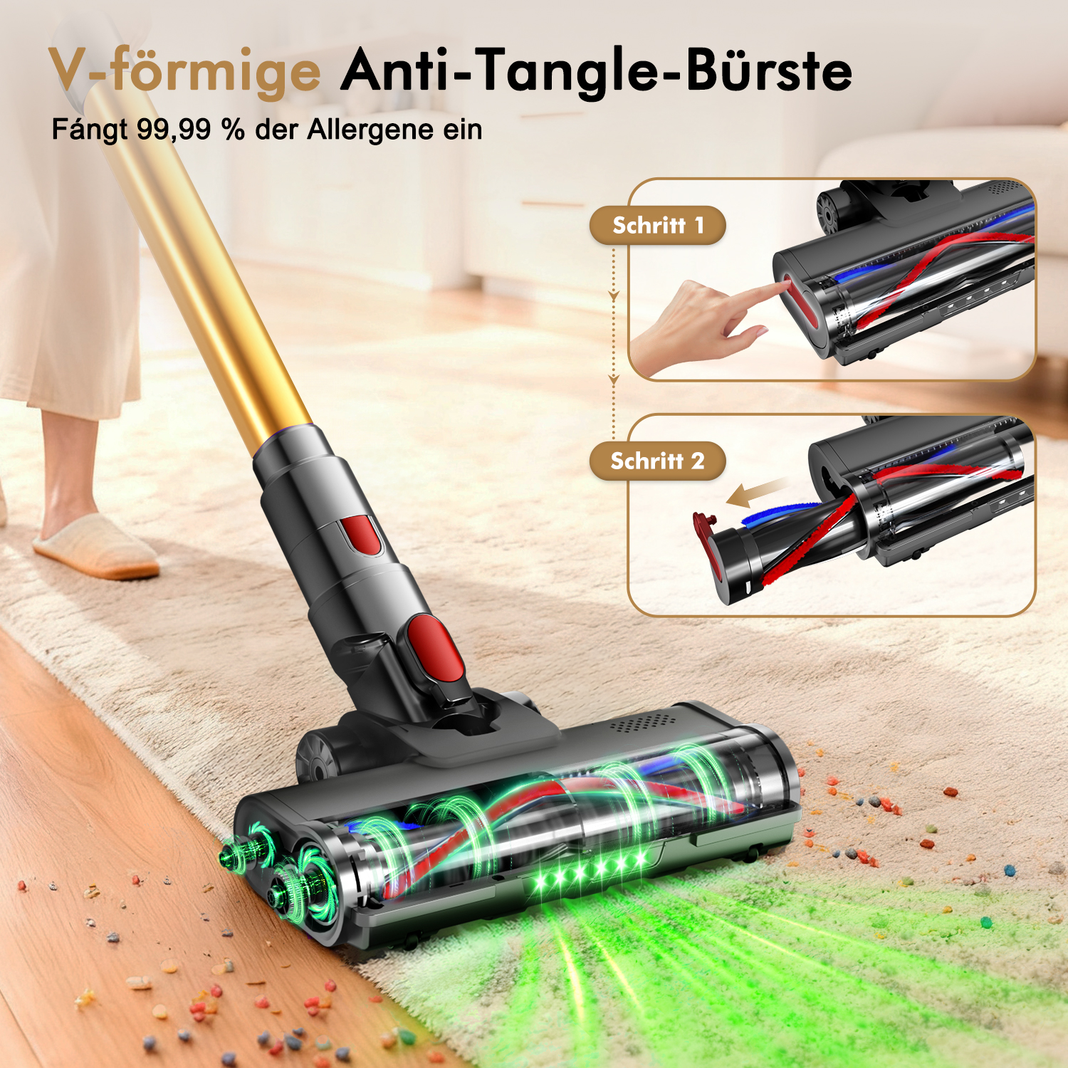 Ein Staubsauger mit V-förmiger Bürste reinigt einen Teppich. Das Bild zeigt die Schritte und die Füße einer Person.
