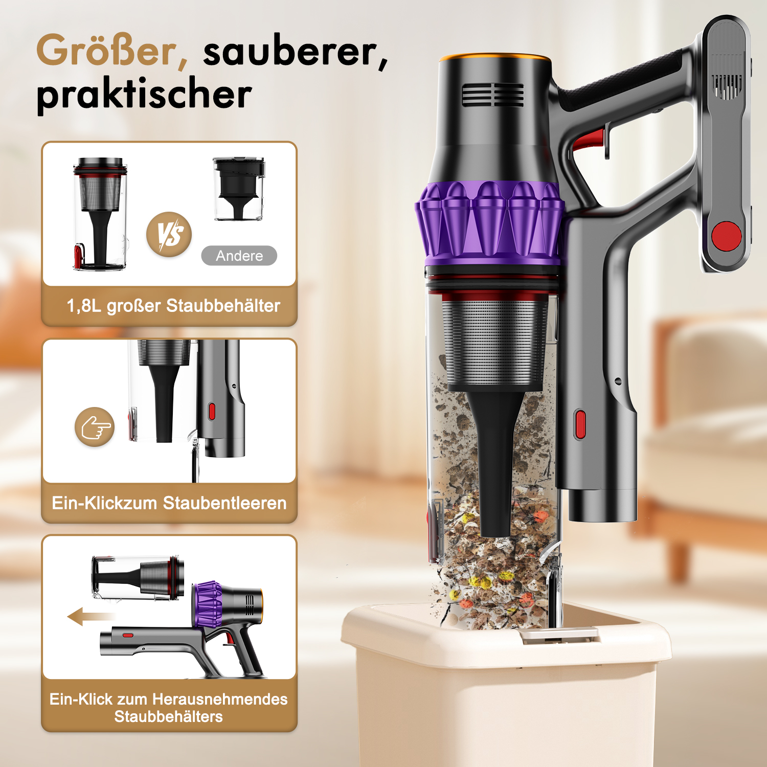 Ein kabelloser Staubsauger mit lila und grauem Design. Staub ist im transparenten Behälter sichtbar. Auch der Staubbehälter ist zu sehen.