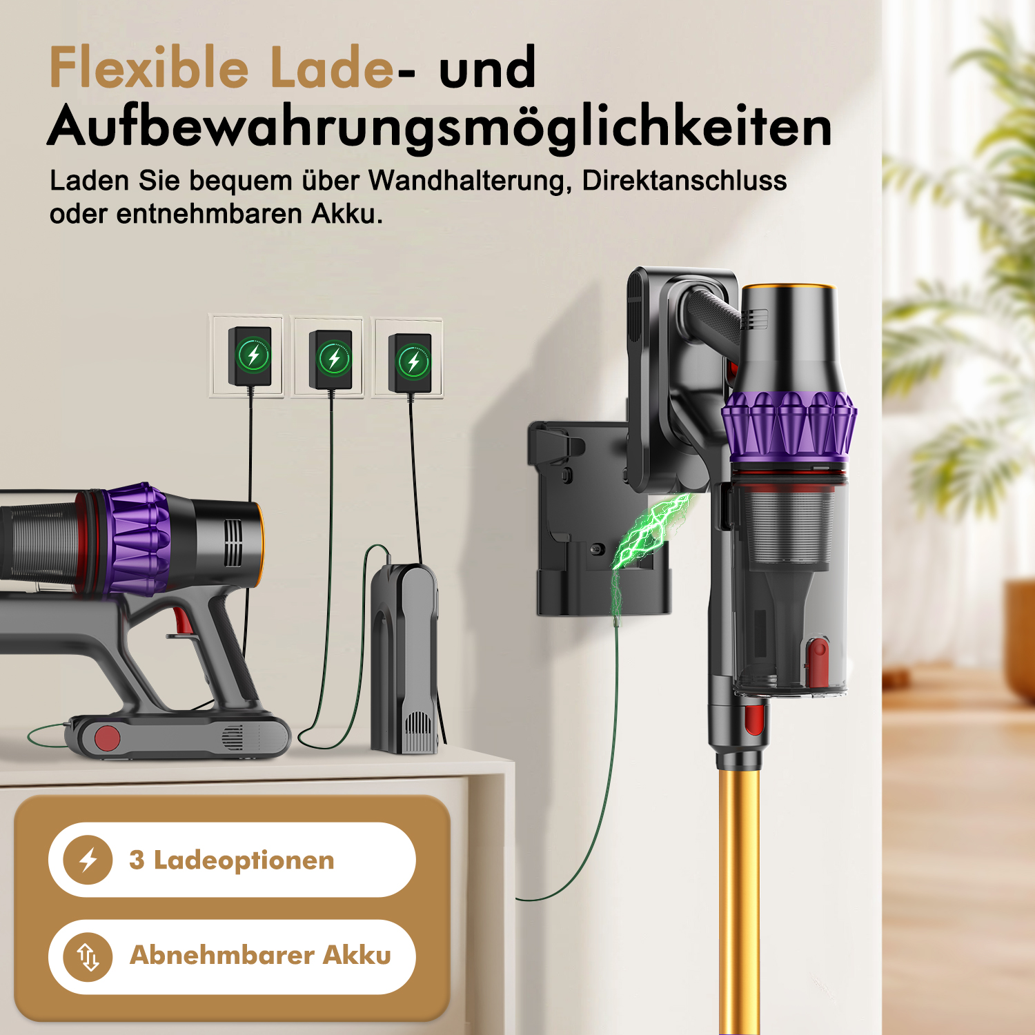 Ein kabelloser Staubsauger mit lila und goldenen Elementen wird gezeigt. Zu den Lademöglichkeiten gehören Wandhalterung, Direktanschluss oder abnehmbarer Akku.
