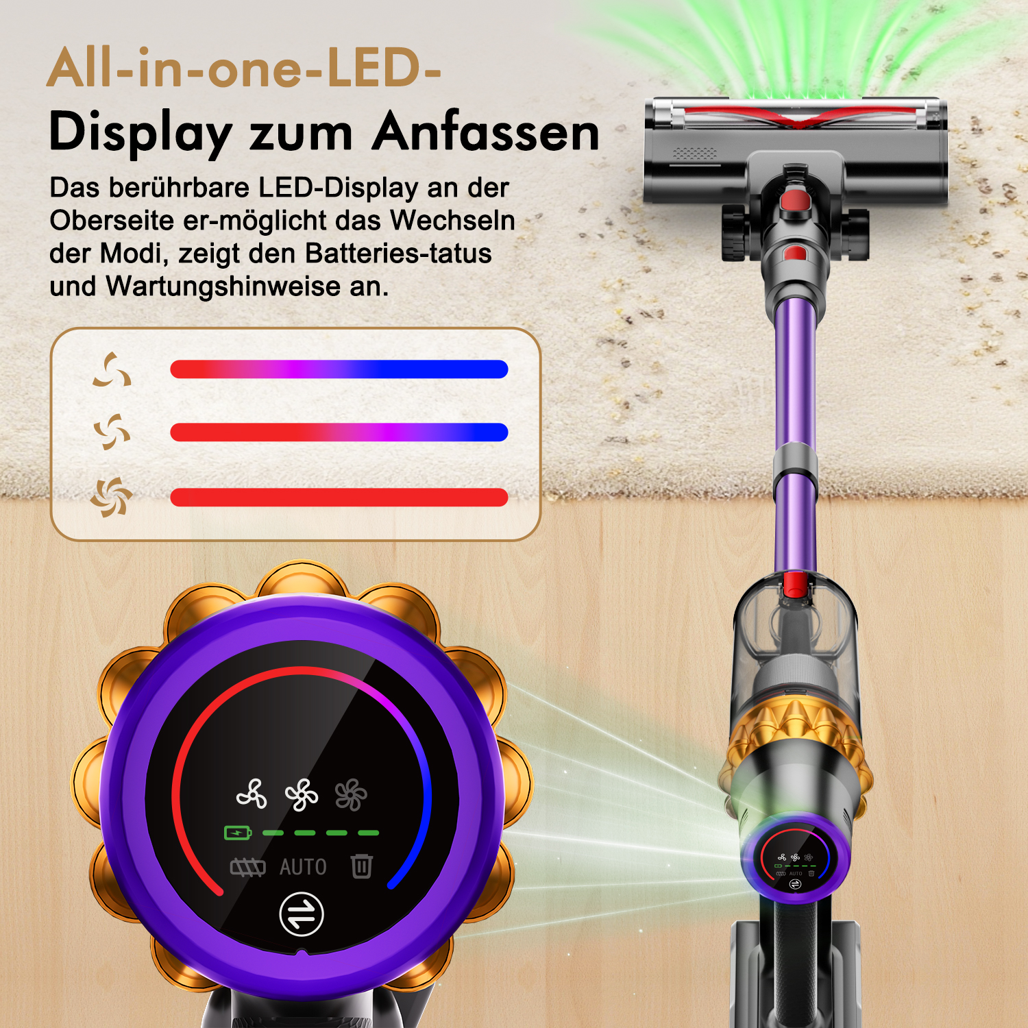 Ein lila-goldener Staubsauger wird angezeigt. Er zeigt einen LED-Bildschirm. Der Hintergrund ist ein Teppich.