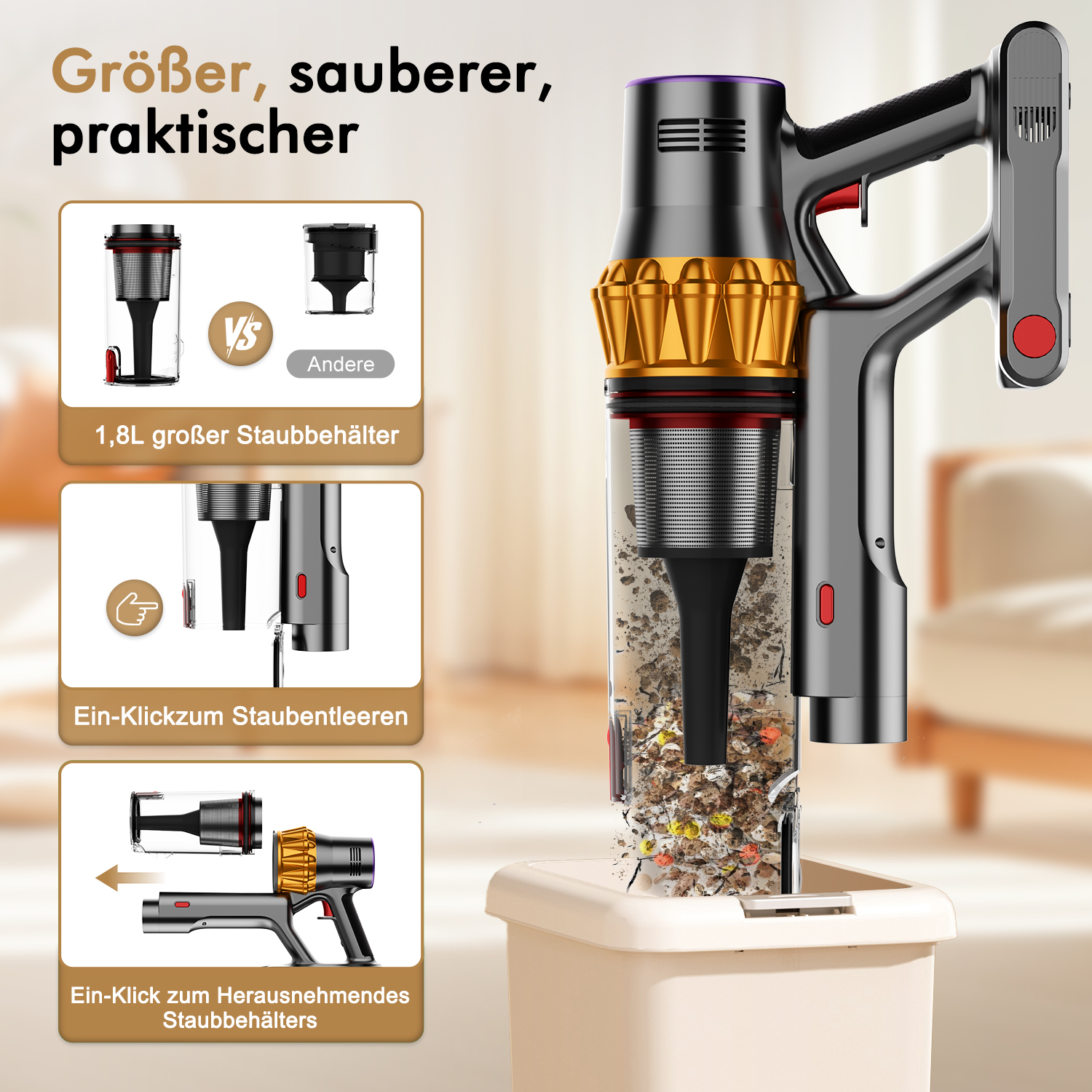 Ein kabelloser Staubsauger mit großem Staubbehälter und einer Mülltonne darunter. Der Staubsauger ist schwarz, gold und rot.