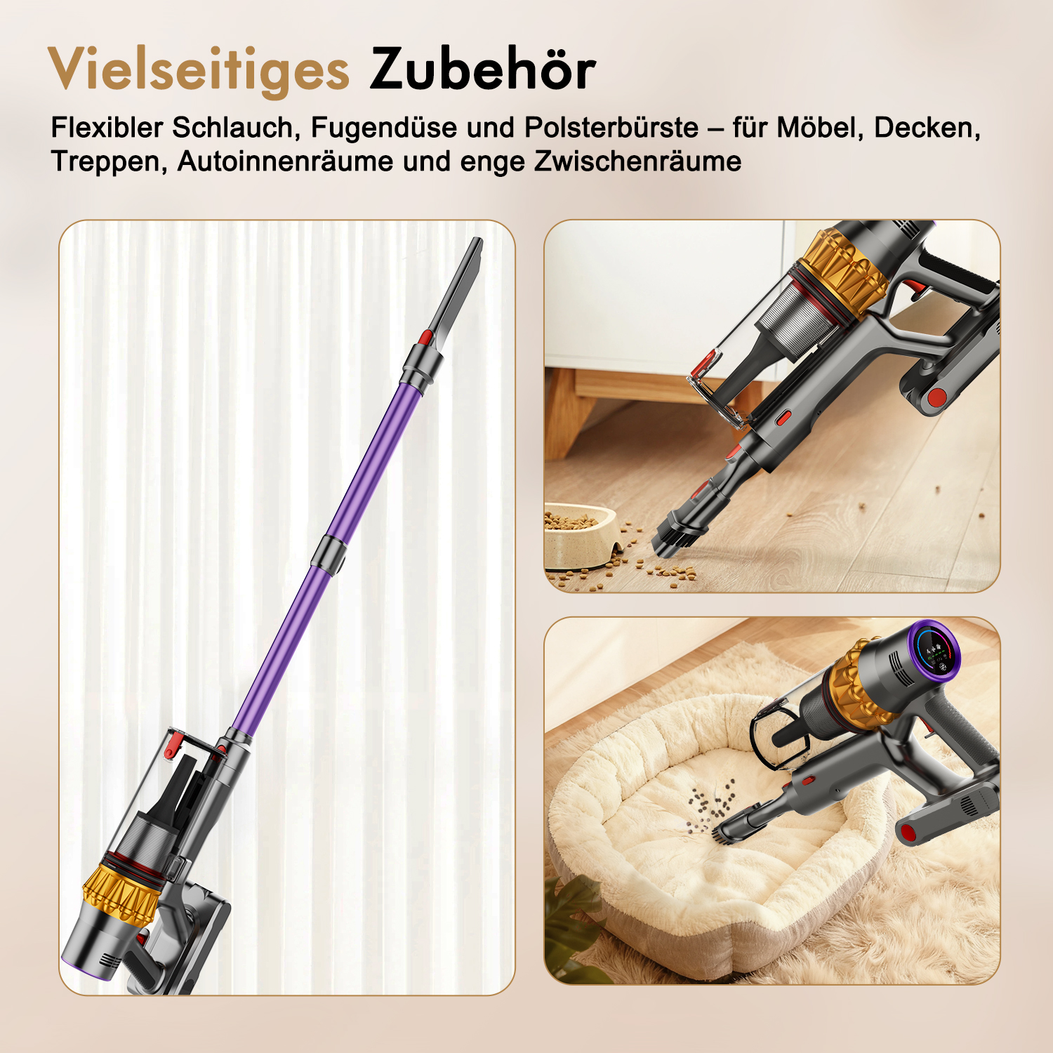 Ein Staubsauger mit mehreren Aufsätzen. Das Bild zeigt den Staubsauger in Aktion auf verschiedenen Oberflächen und Räumen.