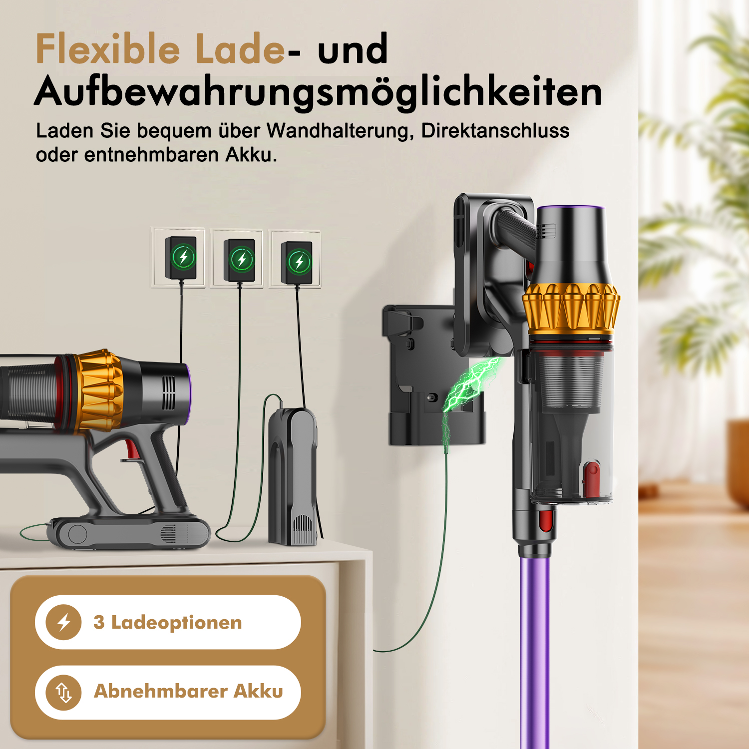 Ein kabelloser Staubsauger mit Ladestation und verschiedenen Lademöglichkeiten, einschließlich Wandhalterung und abnehmbarem Akku.