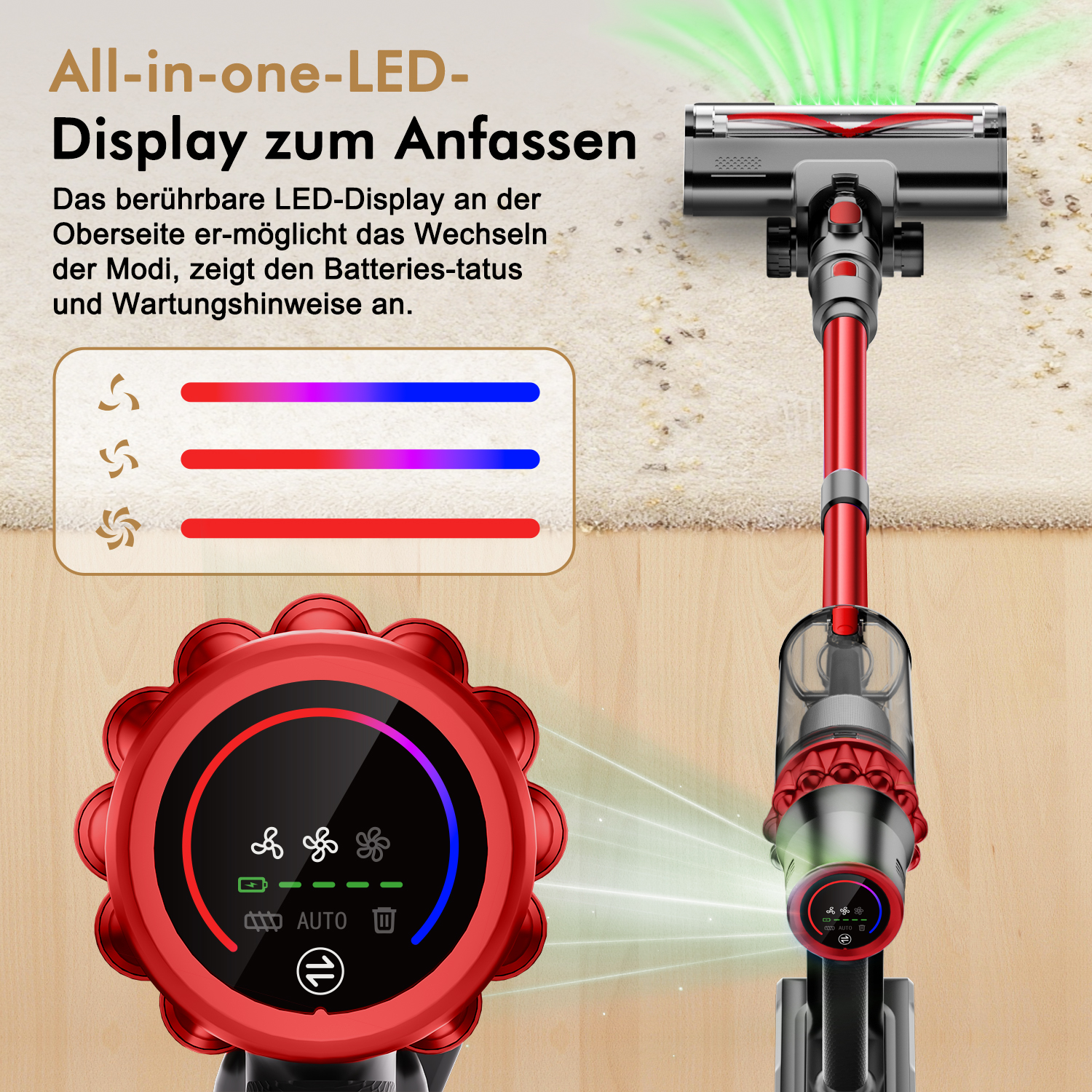Ein roter und silberner Staubsauger auf einer Holzoberfläche. Er hat ein digitales Display und verschiedene Einstellungen.