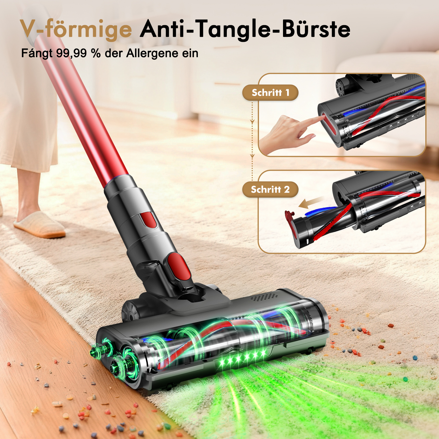 Staubsauger auf Teppich, zeigt Bürste und Staub. Text: Anti-Tangle-Bürste. Insets zeigen Reinigungsschritte.