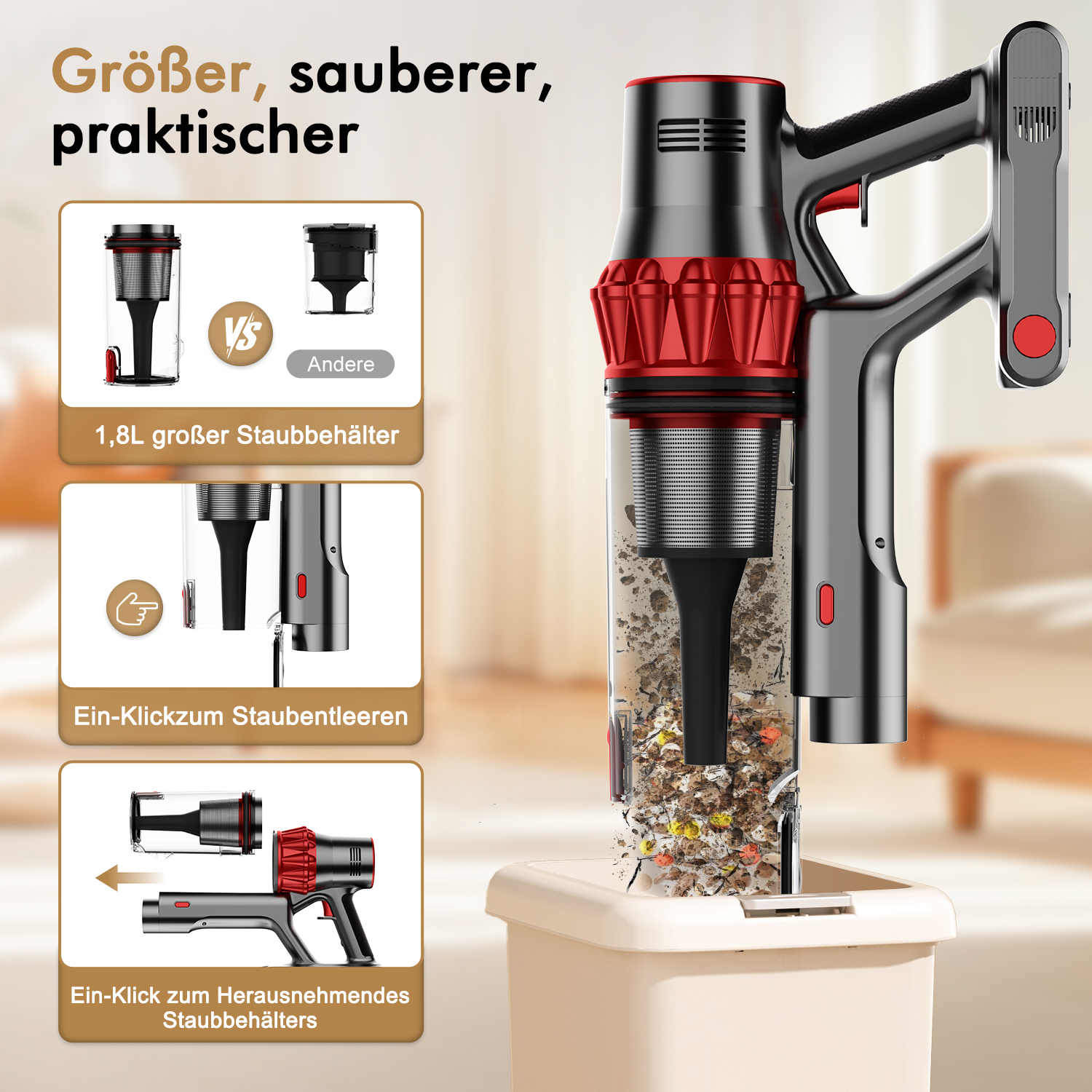 Ein Staubsauger mit roten und schwarzen Akzenten wird gezeigt, mit Details zu seinem Staubbehälter und der einfachen Entleerung.