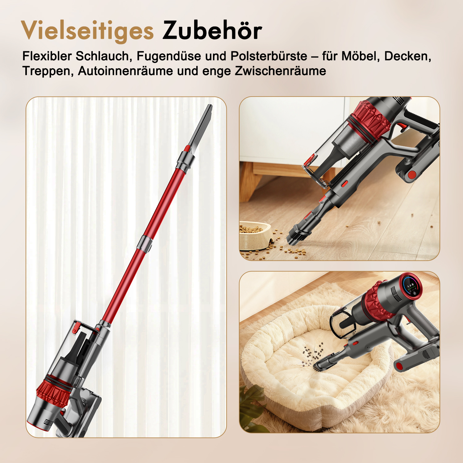Das Bild zeigt einen kabellosen Staubsauger und sein Zubehör. Es gibt drei Abschnitte, die verschiedene Teile und Verwendungen zeigen.