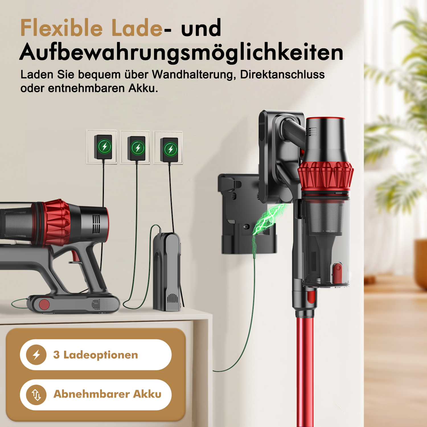 Ein rot-schwarzer Staubsauger mit Ladeoptionen wird gezeigt. Das Bild hebt die Ladeflexibilität und den abnehmbaren Akku hervor.