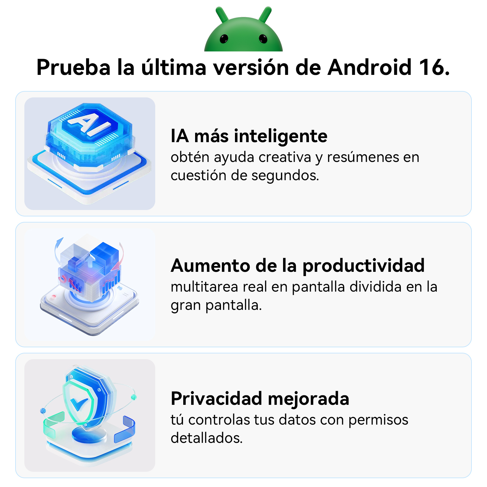 Anuncio de Android 16. Logotipo verde de Android. Características: IA, productividad, privacidad. Gráficos azules, blancos y verdes sobre fondo blanco.