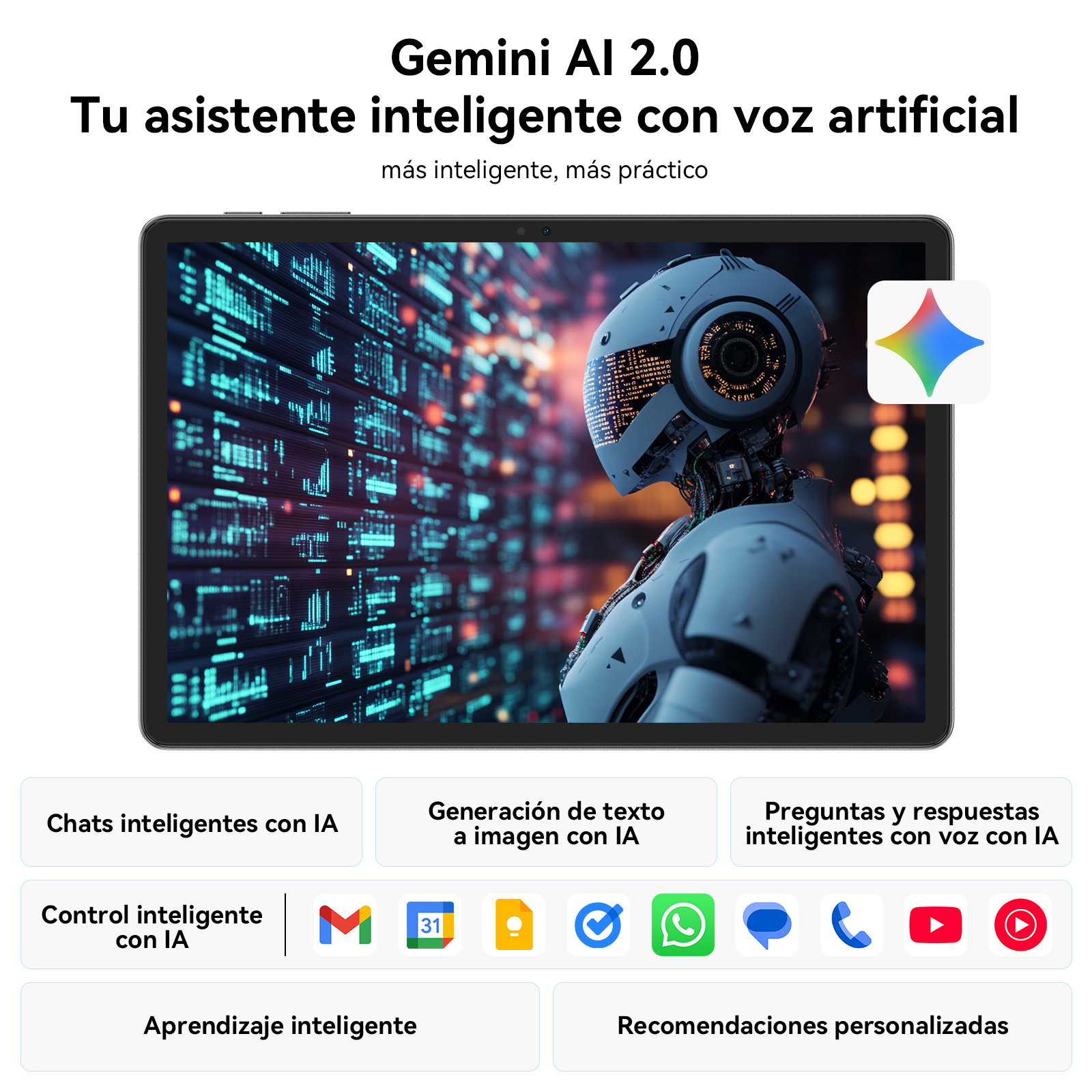 Tableta mostrando un robot con fondo de datos, interfaz Gemini AI 2.0 e iconos de aplicaciones para control inteligente y recomendaciones.
