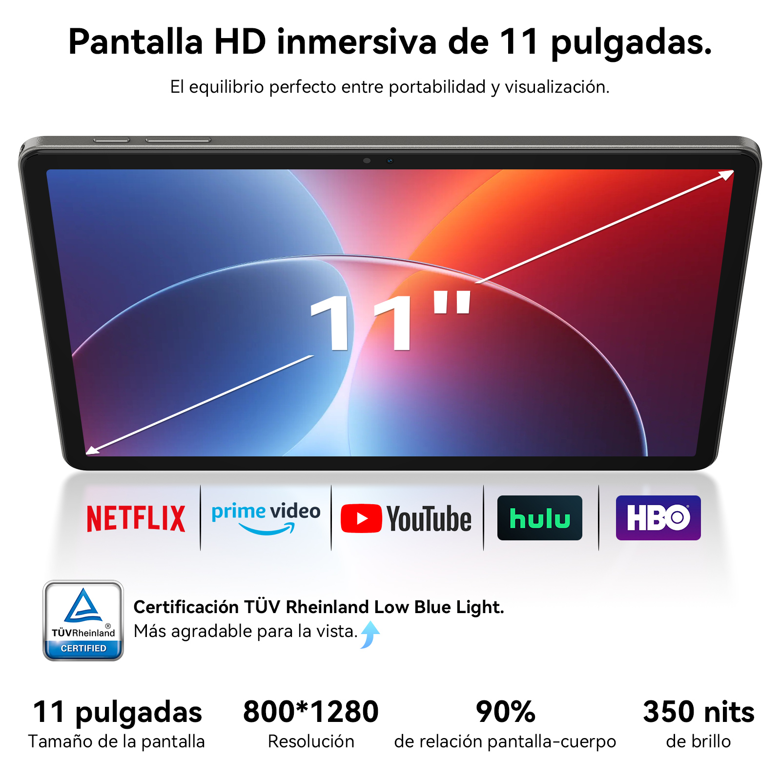Tableta con pantalla abstracta colorida. Logotipos de servicios de transmisión también son visibles.