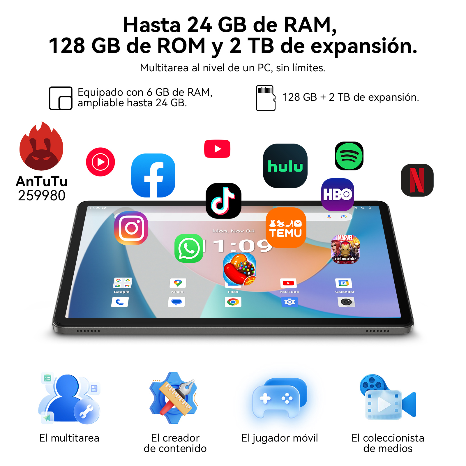Tableta con aplicaciones como Instagram, Facebook y Netflix. Texto: 24GB RAM, 128GB ROM, 2TB expansión.