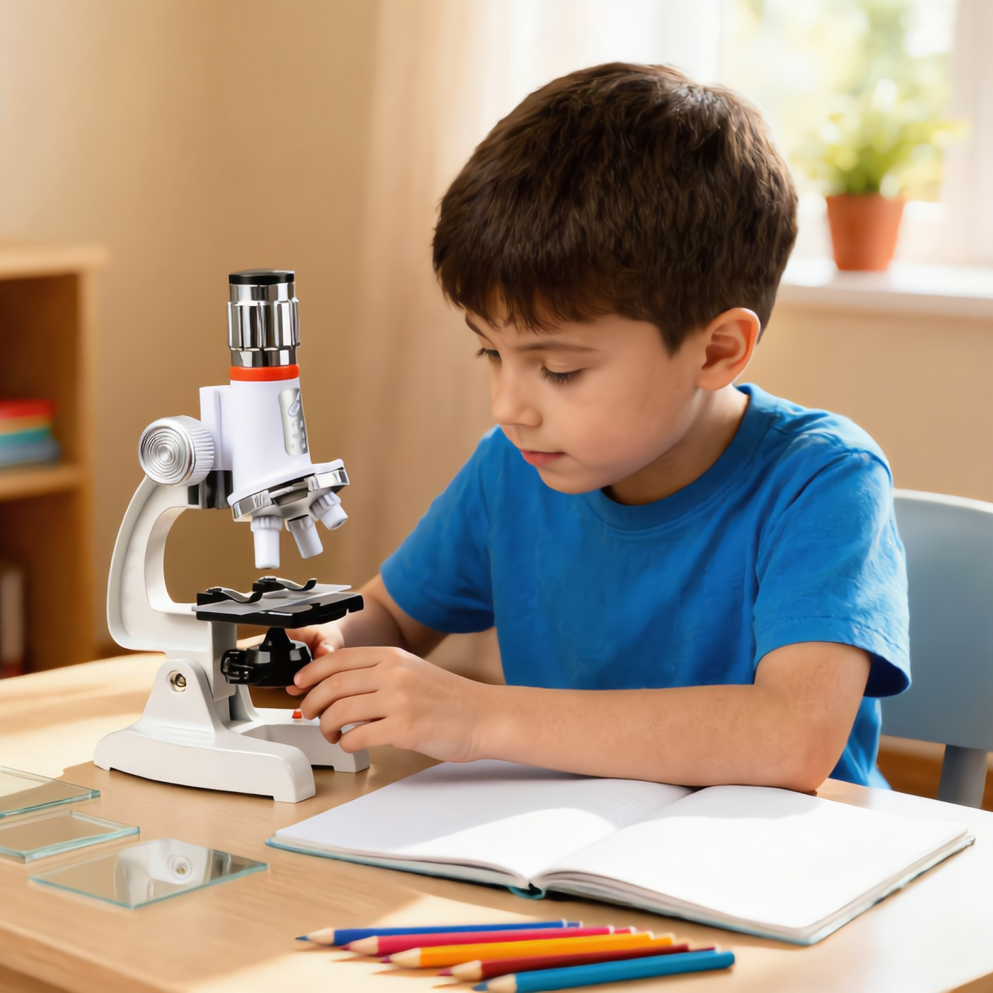 Chłopiec w niebieskiej koszuli używa mikroskopu. Na stole są kredki, notatnik i szkiełka.