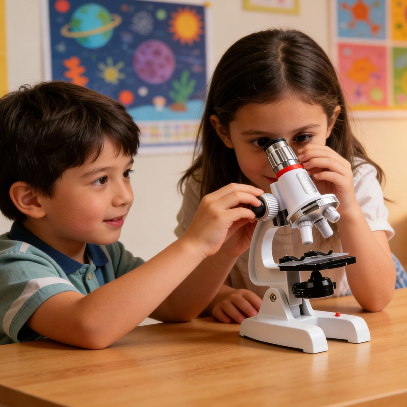 Dwoje dzieci patrzy na mikroskop. Jedno reguluje, drugie patrzy przez niego. Tło z plakatami edukacyjnymi.