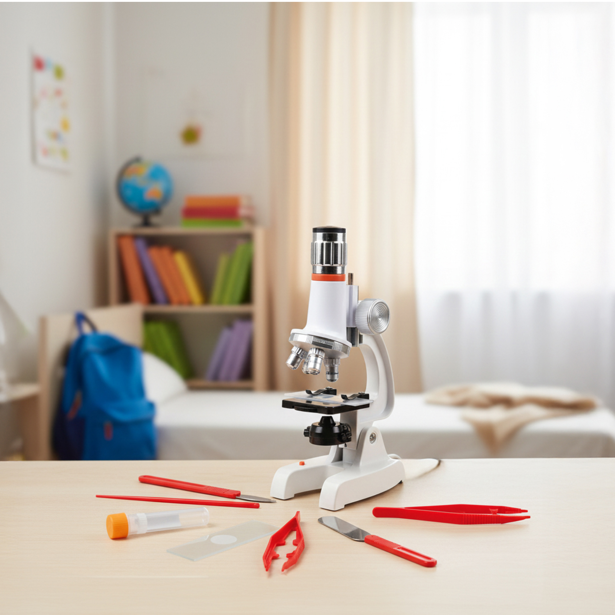 Biały mikroskop z narzędziami na jasnym drewnianym stole. W tle sypialnia.