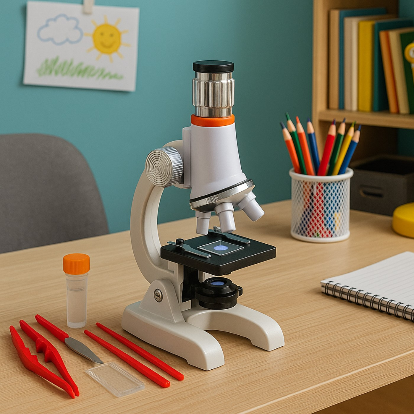 Biały i srebrny mikroskop na drewnianym biurku z narzędziami laboratoryjnymi, ołówkami i rysunkiem słońca. Niebieskie tło.