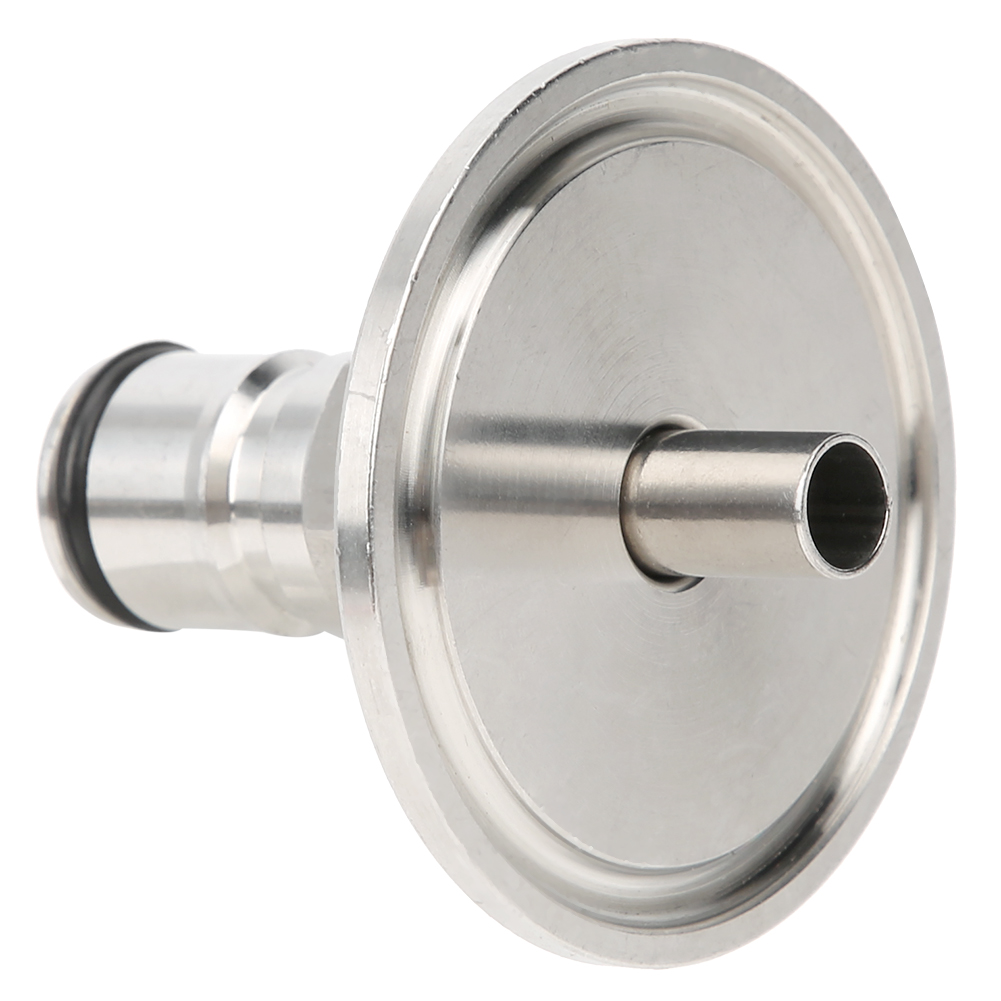 Ein Edelstahlfitting mit einem scheibenförmigen Kopf und einem zylindrischen Rohr, das nach außen ragt. Es hat einen zylindrischen Körper mit einem schwarzen Ring.