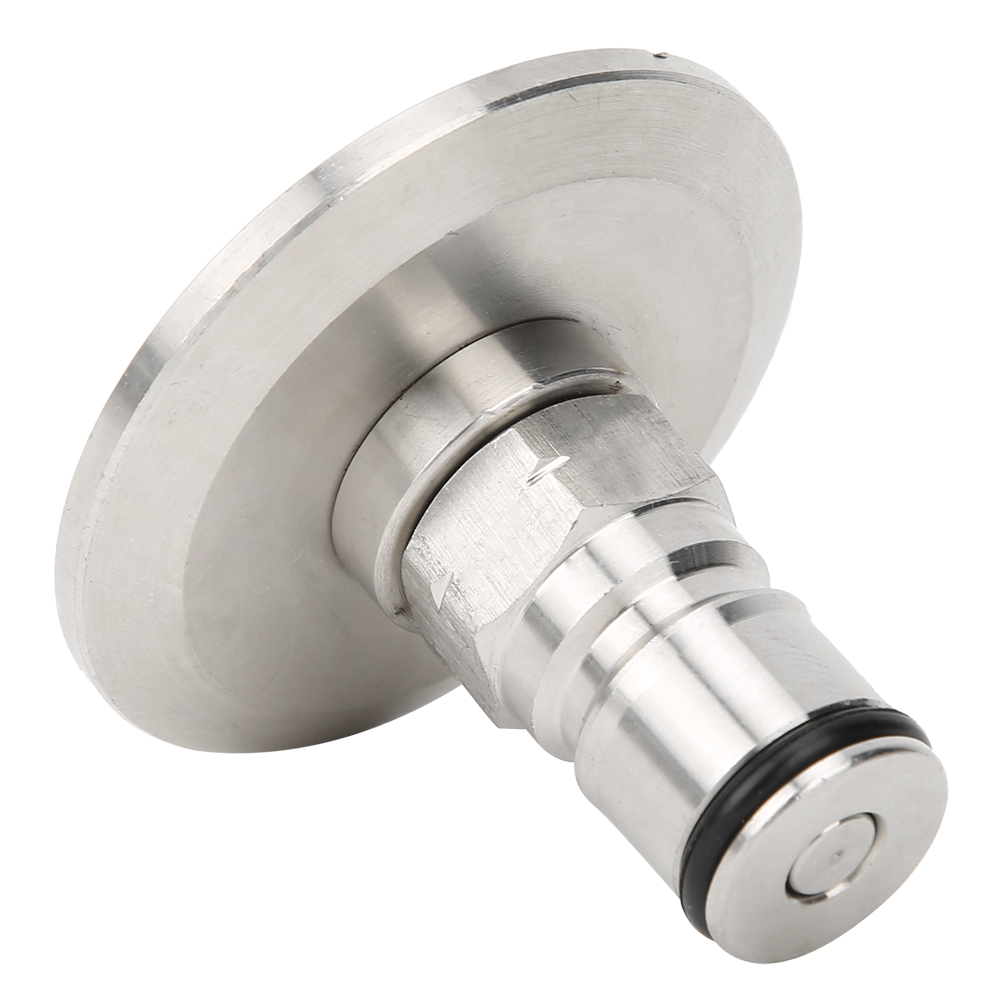 Ein Edelstahl-Keg-Kuppler. Es hat eine kreisförmige Platte, eine Sechskantmutter und einen zylindrischen Verbinder mit schwarzem Ring.