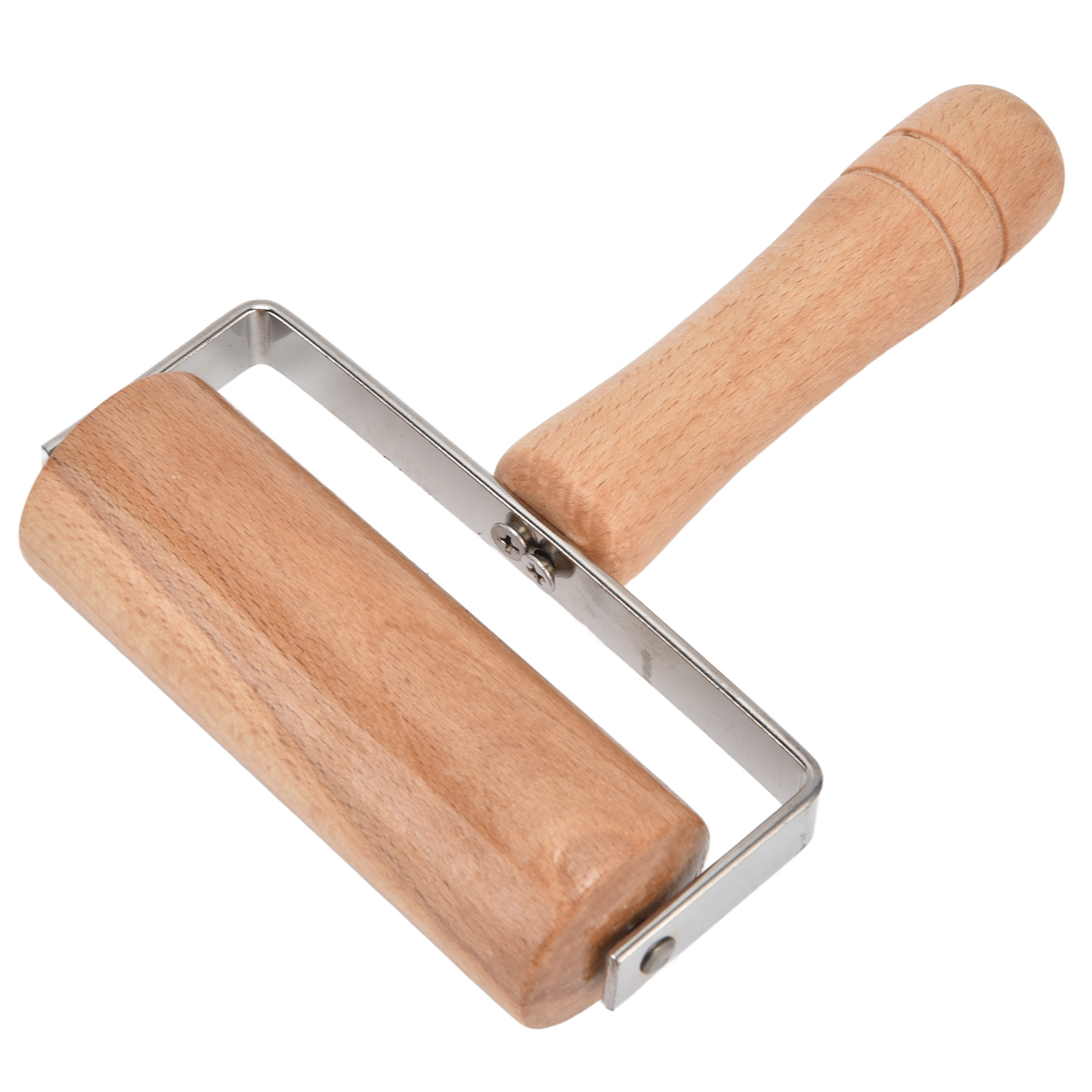 Eine hölzerne Teigrolle mit Metallrahmen. Griff und Walze sind aus hellbraunem Holz gefertigt.