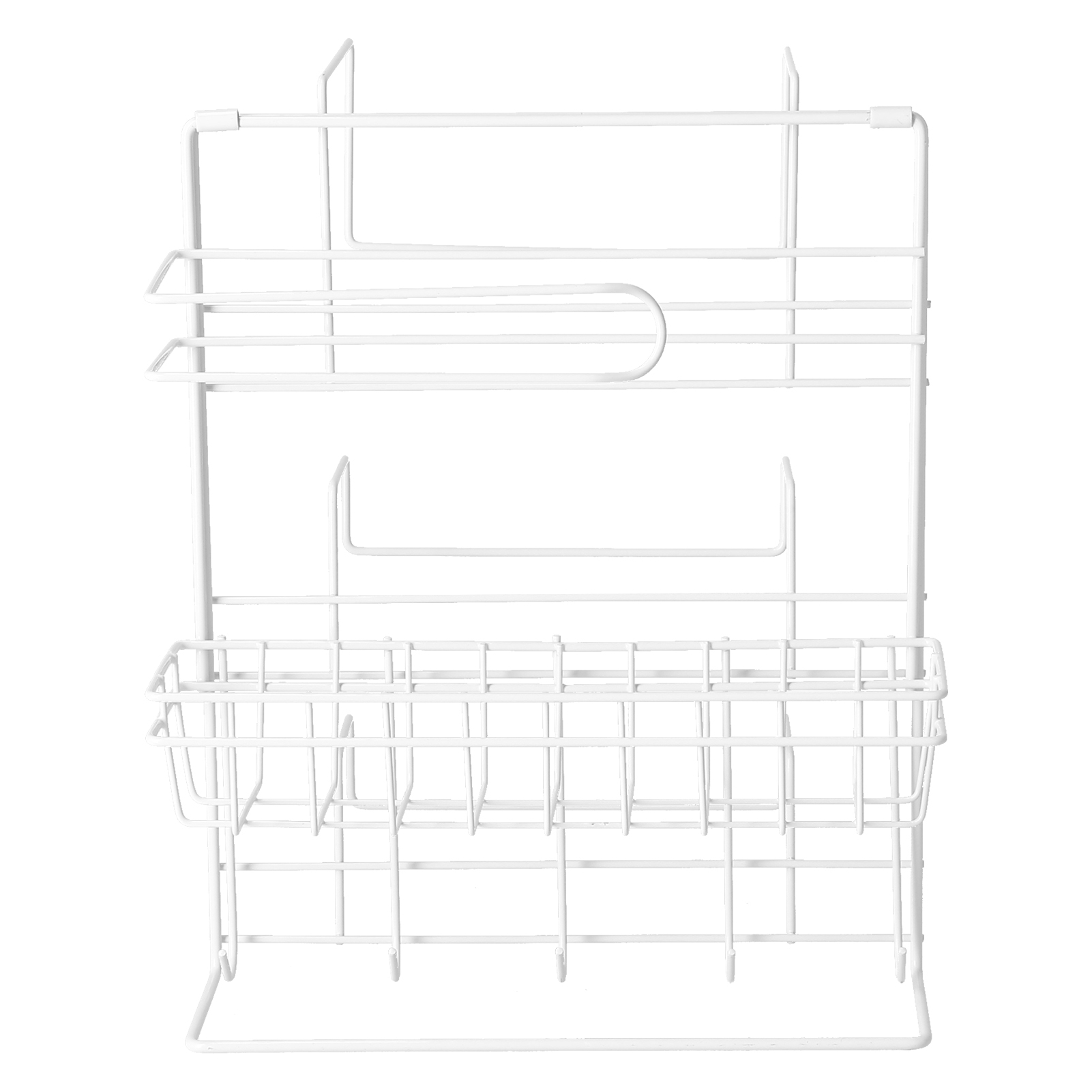 Ein weißer Küchenorganisator aus Metall. Er verfügt über Regale, eine gebogene Stange und einen Korb zur Aufbewahrung, alles in einem sauberen, minimalistischen Design.