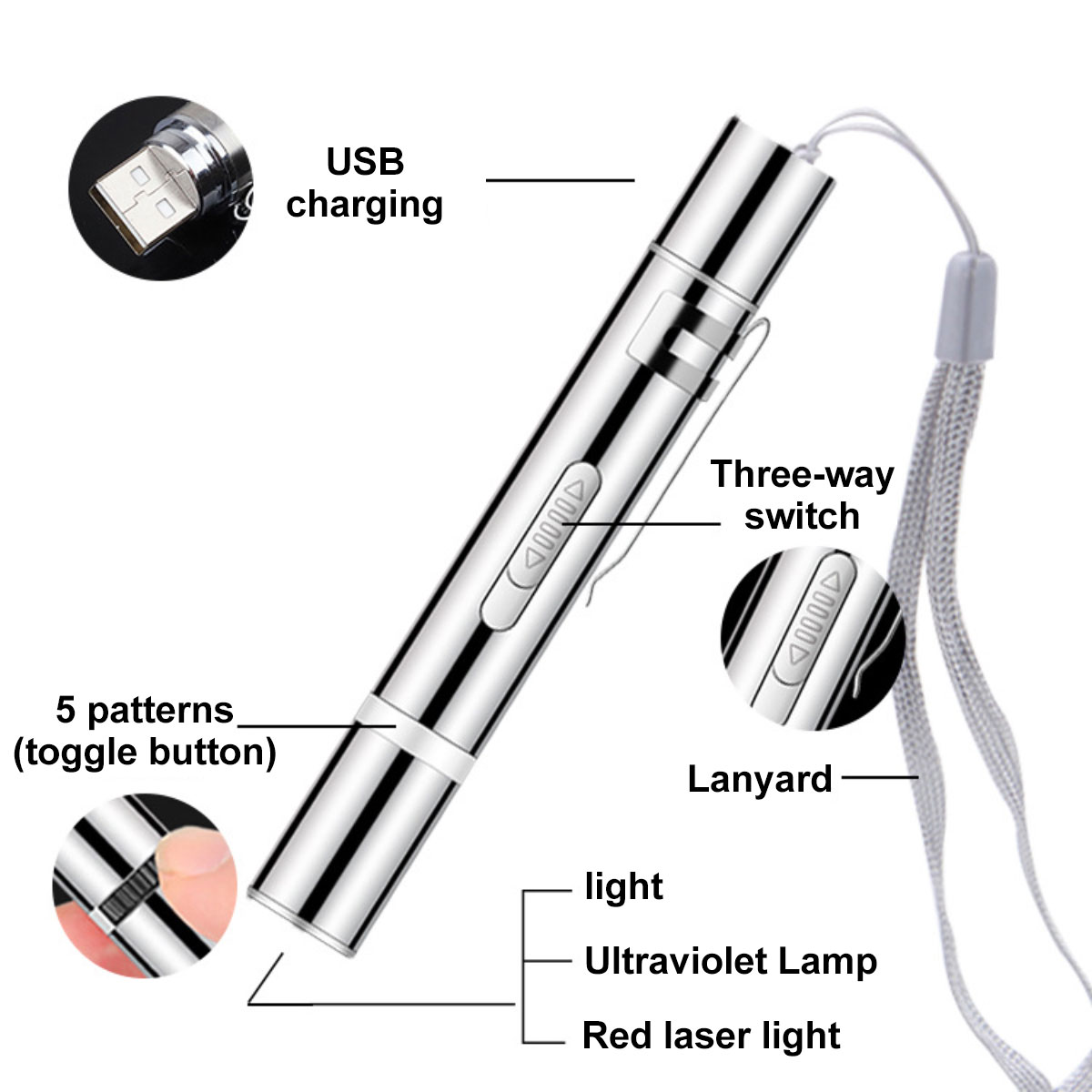 Ein silberner Laserpointer mit USB-Ladegerät, Lanyard und einem Drei-Wege-Schalter. Er hat 5 Muster und emittiert Licht, UV und roten Laser.