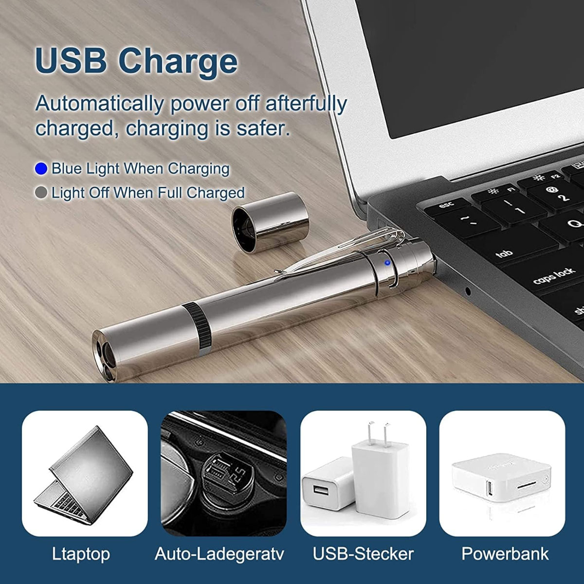 Ein silbernes USB-Ladegerät, das an einen Laptop angeschlossen ist. Es hat ein blaues Licht. Unten sind Bilder von einem Laptop, Autoladegerät, USB-Stecker und Powerbank.