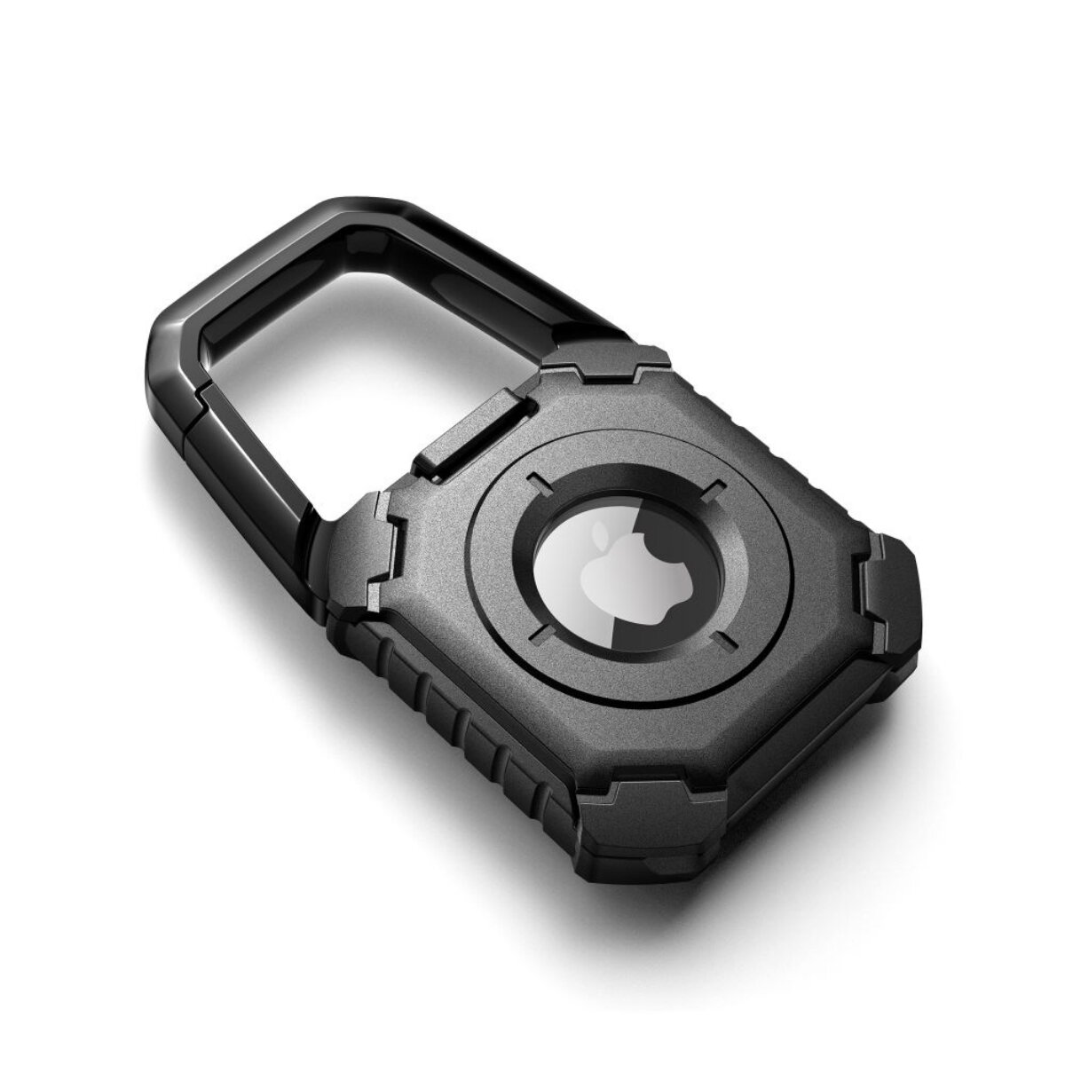 Ein schwarzes Apple AirTag-Gehäuse mit Karabiner. Das Gehäuse hat einen zentralen Kreis mit sichtbarem Apple-Logo. Der Hintergrund ist weiß.