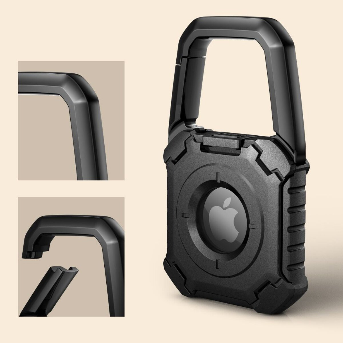 Schwarze Schutzhülle für Apple AirTag. Mit Karabiner-Clip. Enthält Nahaufnahmen von Clip und Gehäuserändern.