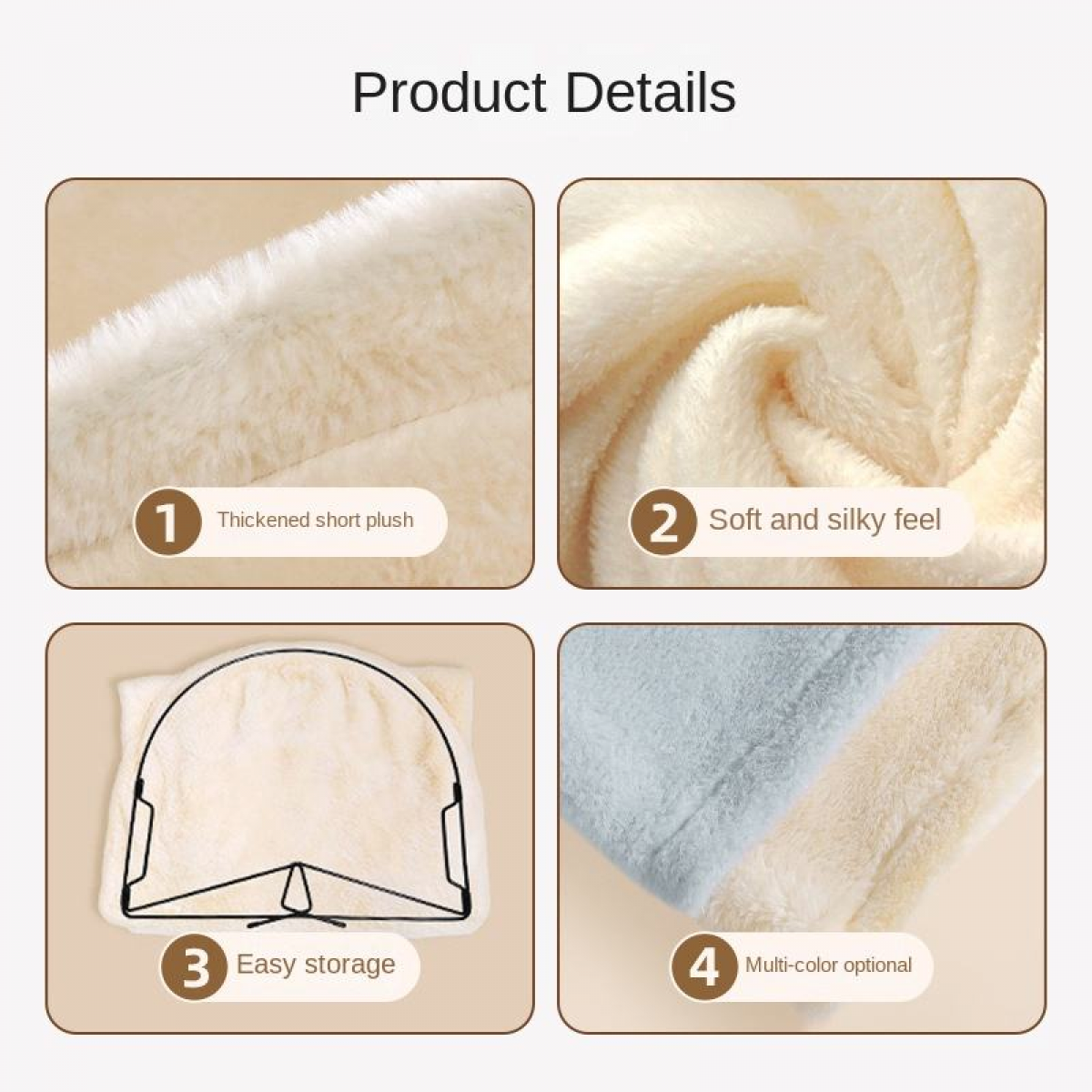 Das Bild zeigt Produktdetails: weiches Plüschmaterial, eine weiche und seidige Textur, einfache Aufbewahrung und mehrfarbige Optionen.