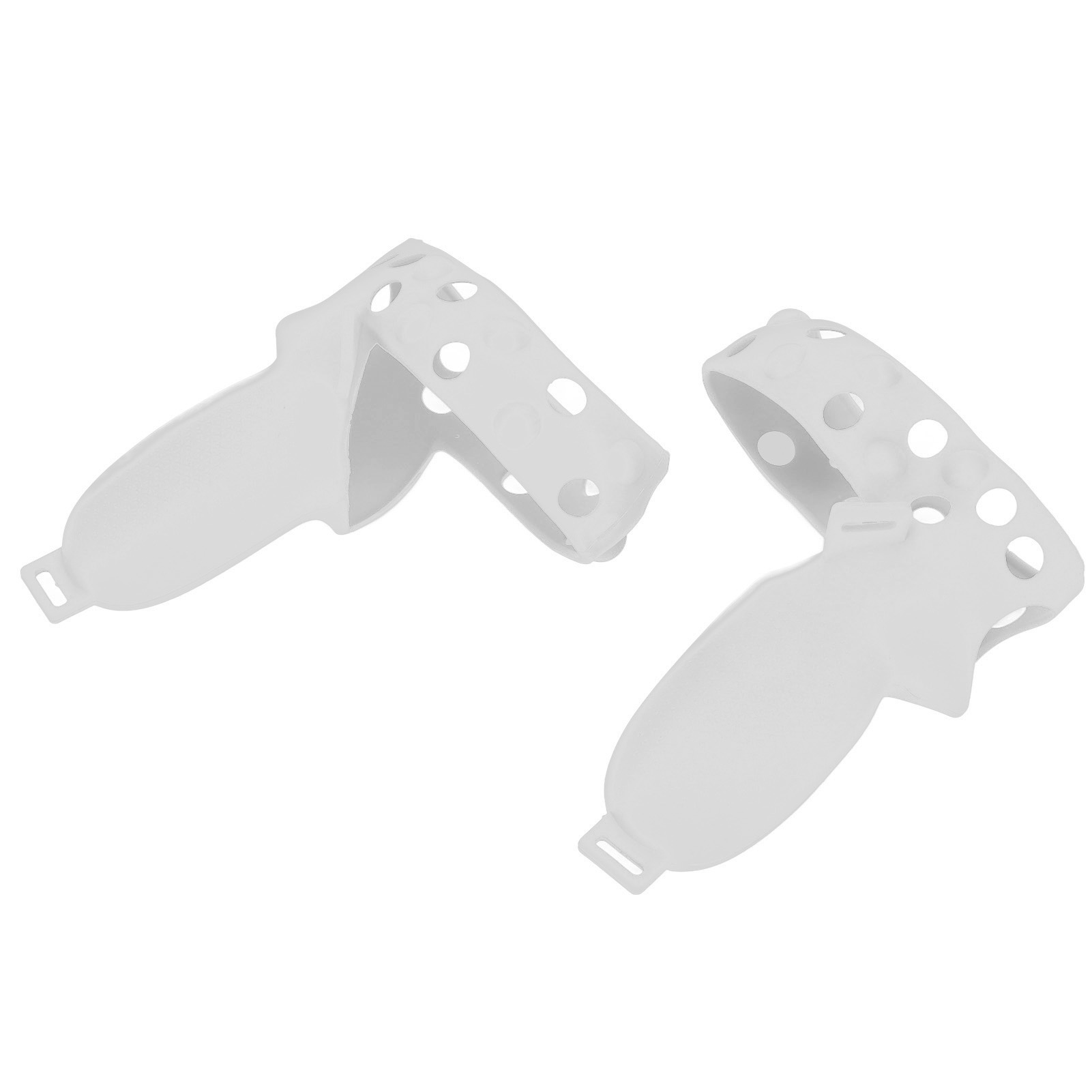 Zwei weiße VR-Controller-Griffe, jeder mit Riemen und Löchern, auf weißem Hintergrund.