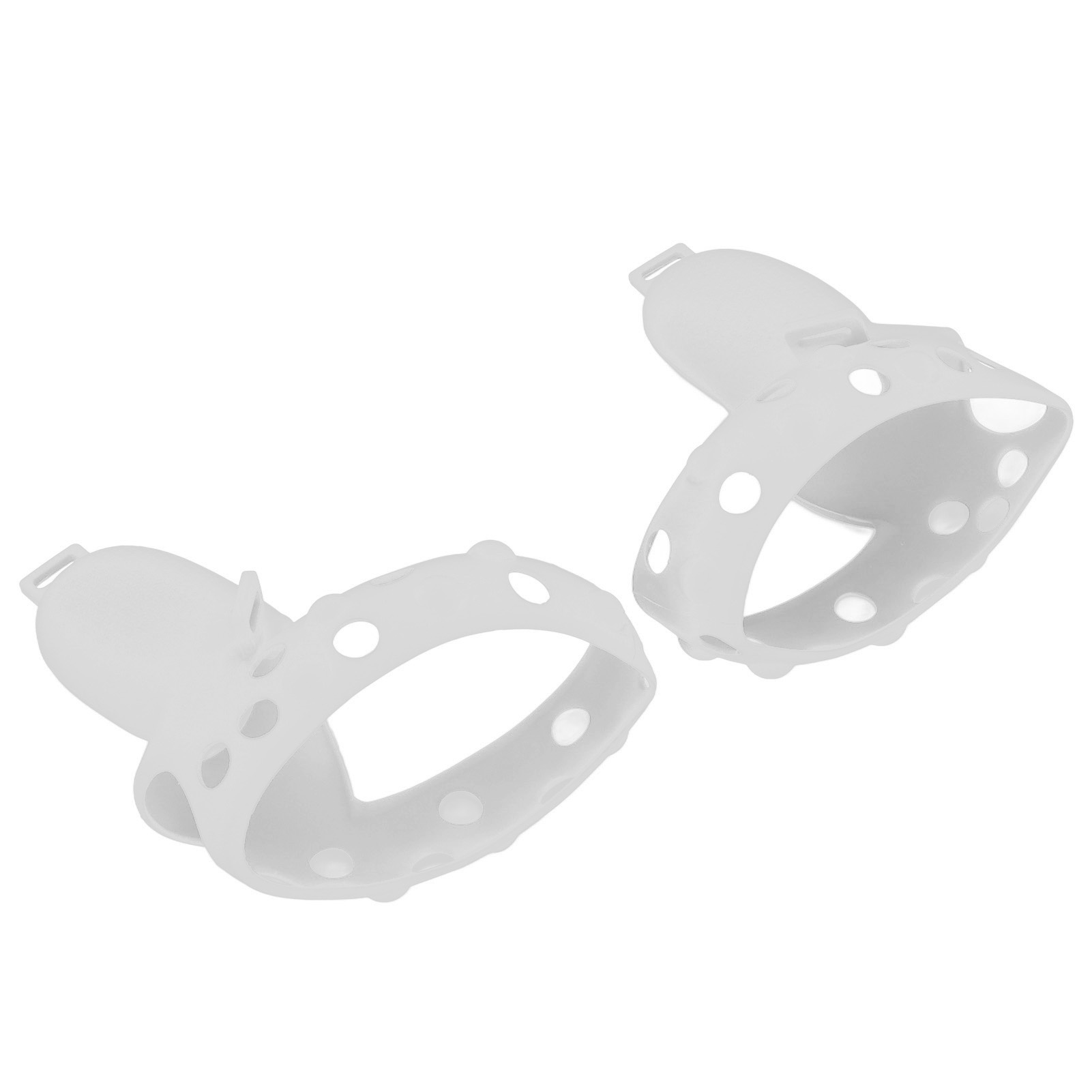 Zwei weiße VR-Headset-Zubehörteile auf weißem Hintergrund. Jedes hat eine Tasse und einen perforierten Ring.