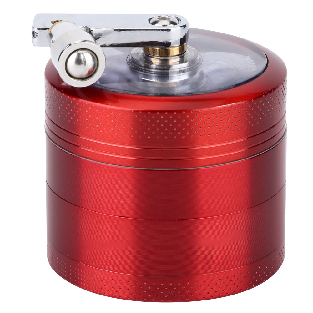 Ein roter Metallgrinder mit silbernem Griff. Er hat eine transparente Oberseite. Der Körper hat eine strukturierte Oberfläche mit kleinen Punkten.