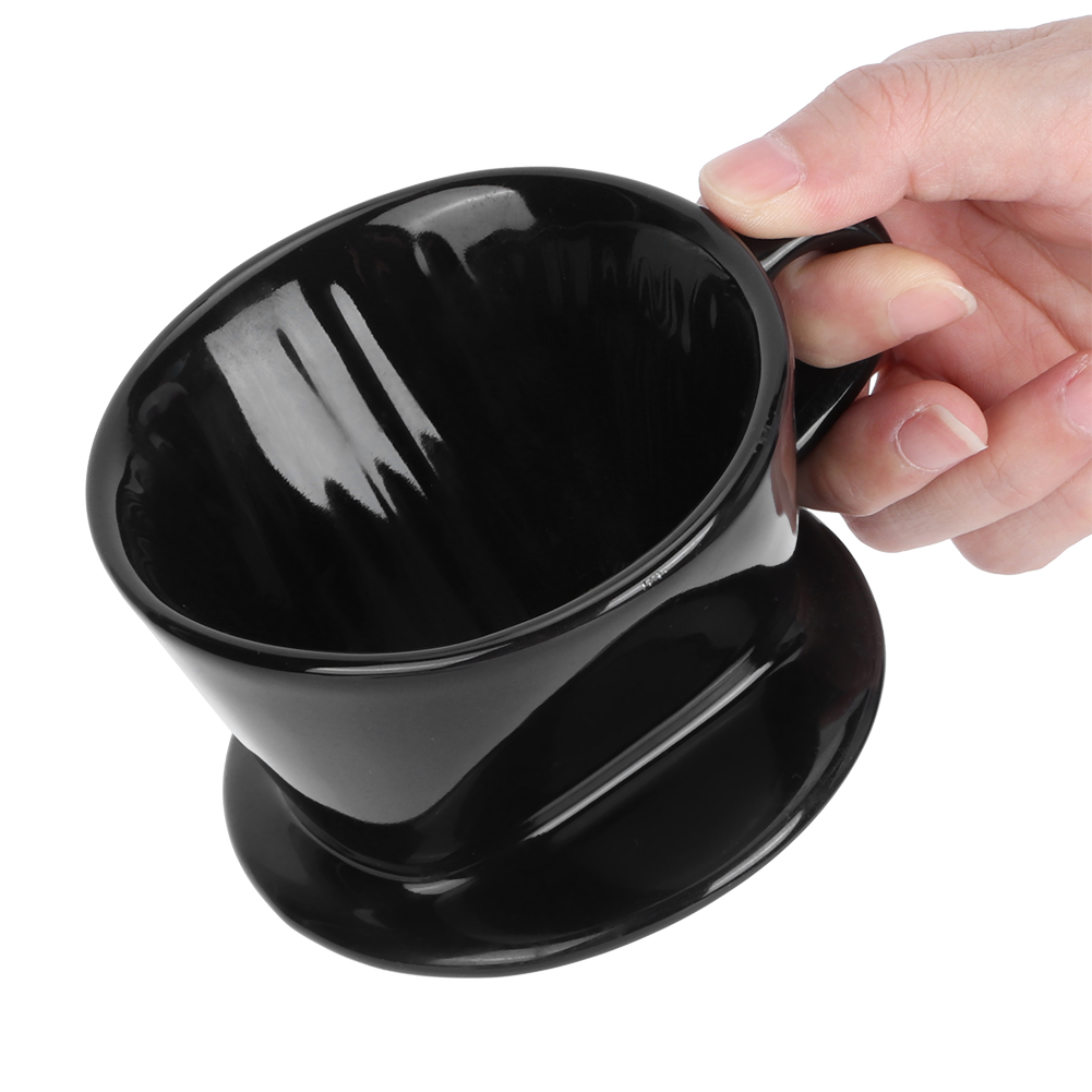 Eine Hand hält einen schwarzen Keramik-Kaffeezubereiter. Der Zubereiter ist glänzend mit einem Untertassenfuß. Der Hintergrund ist weiß.