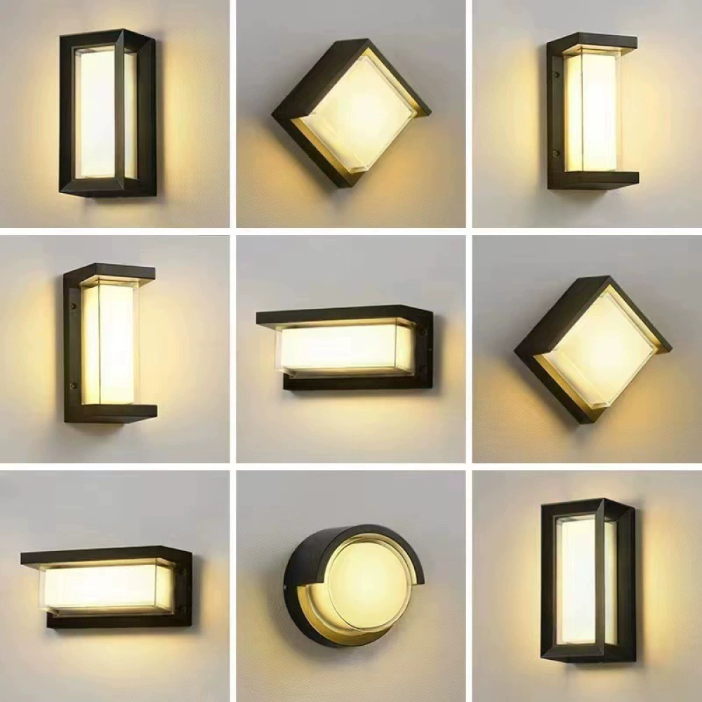 Neun verschiedene moderne Außenleuchten werden an einer hellbeigen Wand gezeigt. Sie haben schwarze Rahmen und emittieren warmweißes Licht.