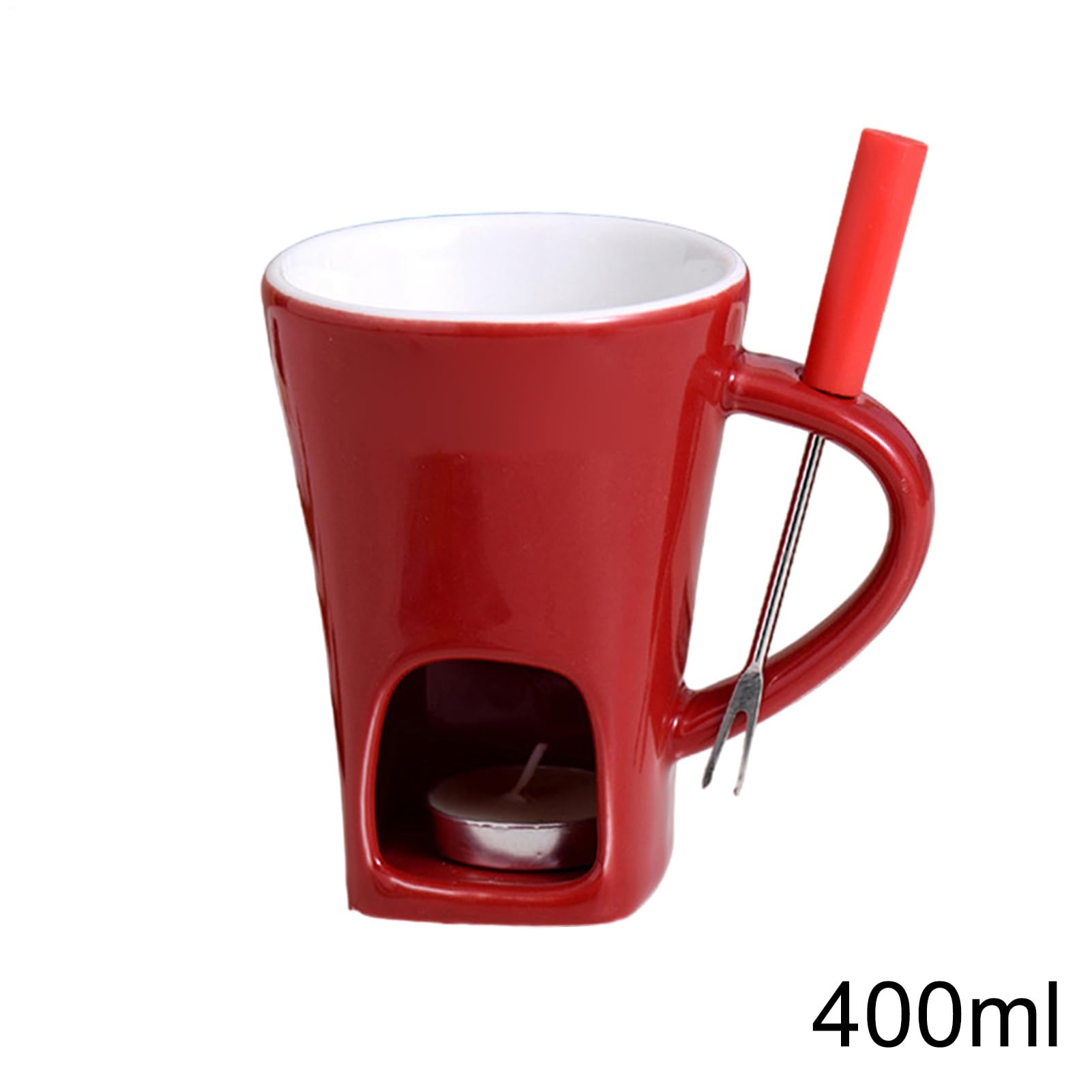 Roter Fondue-Becher mit weißem Innenraum, einer Kerze und einer Gabel. Ein roter Griff und eine 400ml-Markierung sind sichtbar.