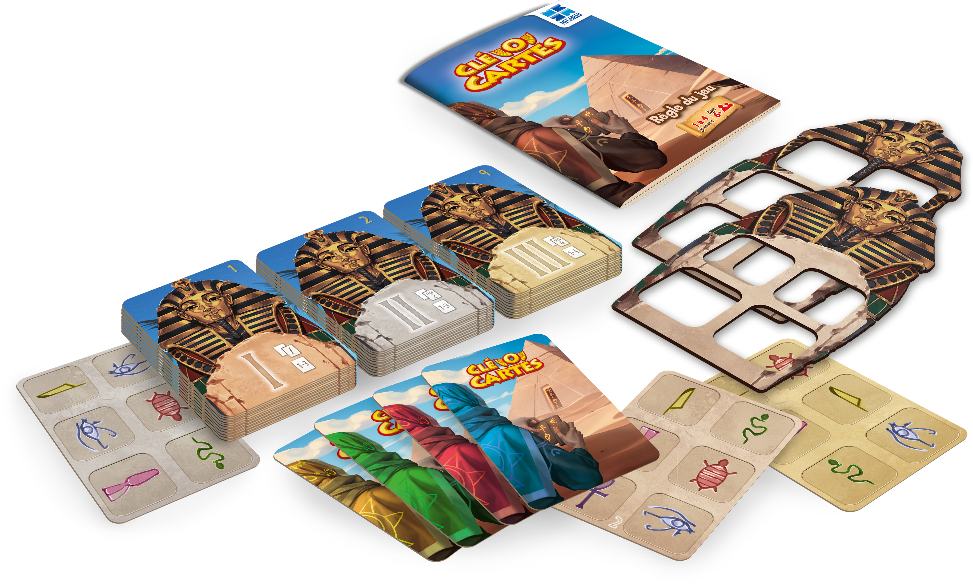 Brettspiel mit Karten, die Pharaonen, Pyramiden und Hieroglyphen zeigen. Karten sind gestapelt. Teile in Form von Pharaonenmasken.