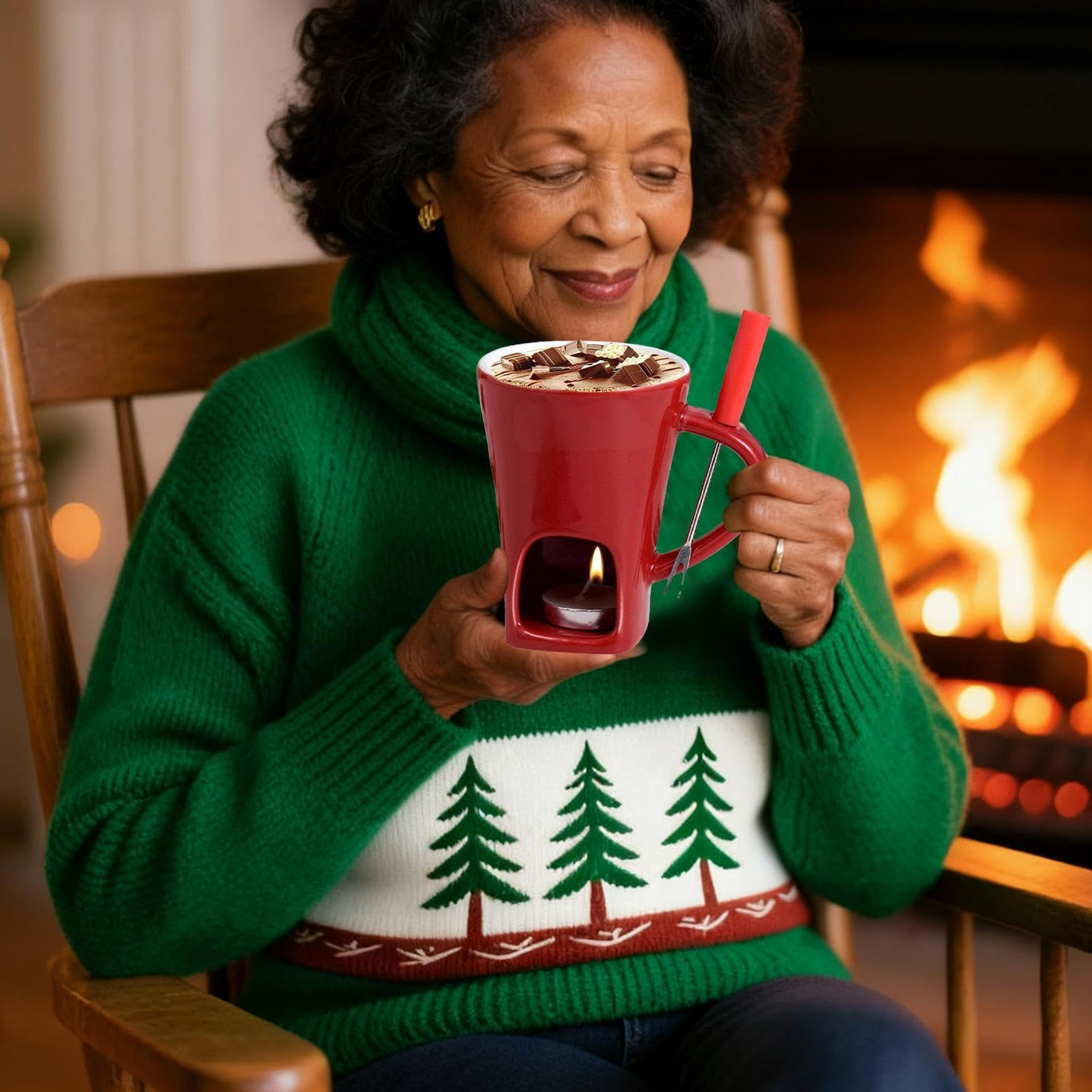 Eine ältere Frau hält eine rote Tasse mit geschmolzener Schokolade. Sie trägt einen grünen Pullover und sitzt vor einem Kamin.