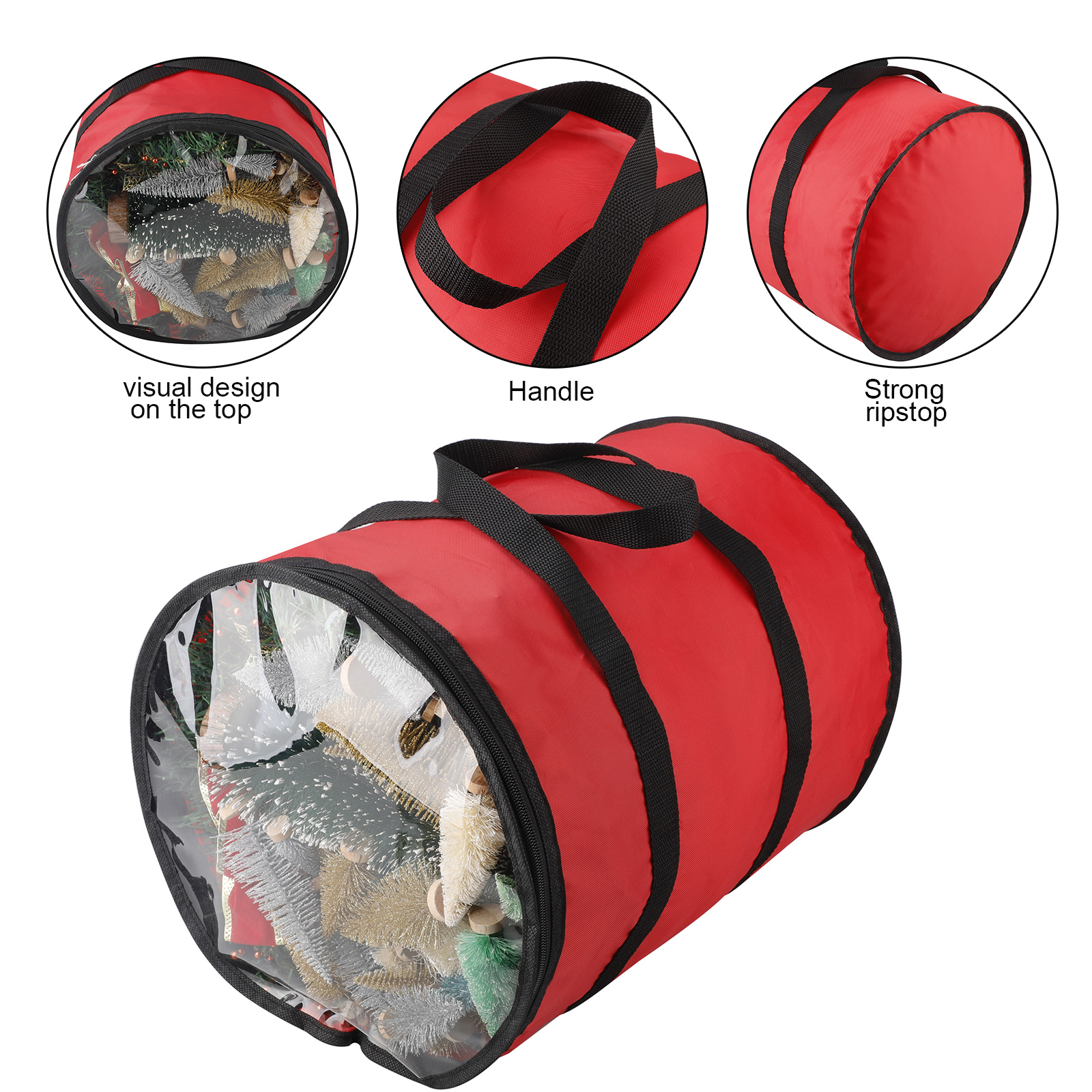 Eine rote Aufbewahrungstasche mit schwarzen Griffen und einem transparenten Oberteil mit Miniatur-Weihnachtsbäumen. Die Tasche ist zylindrisch.