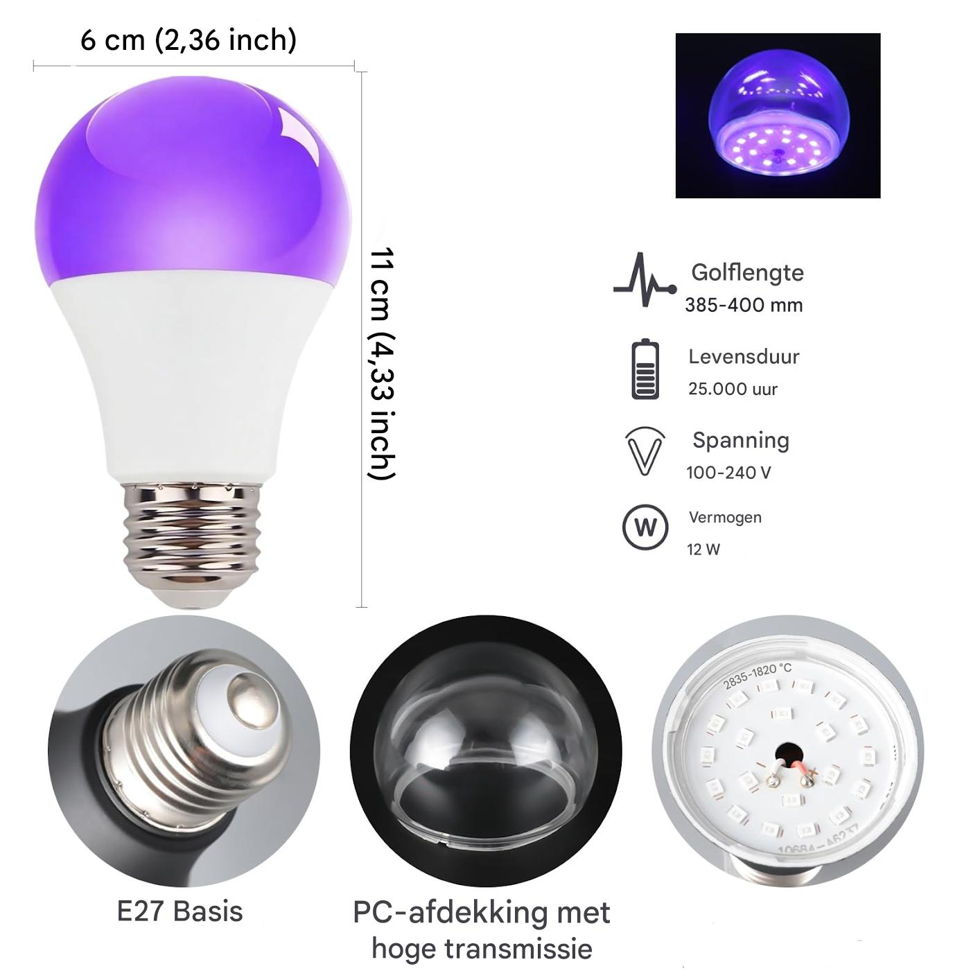 Eine violette LED-Glühbirne mit Abmessungen und technischen Details wird gezeigt. Nahaufnahmen von Sockel und Abdeckung.