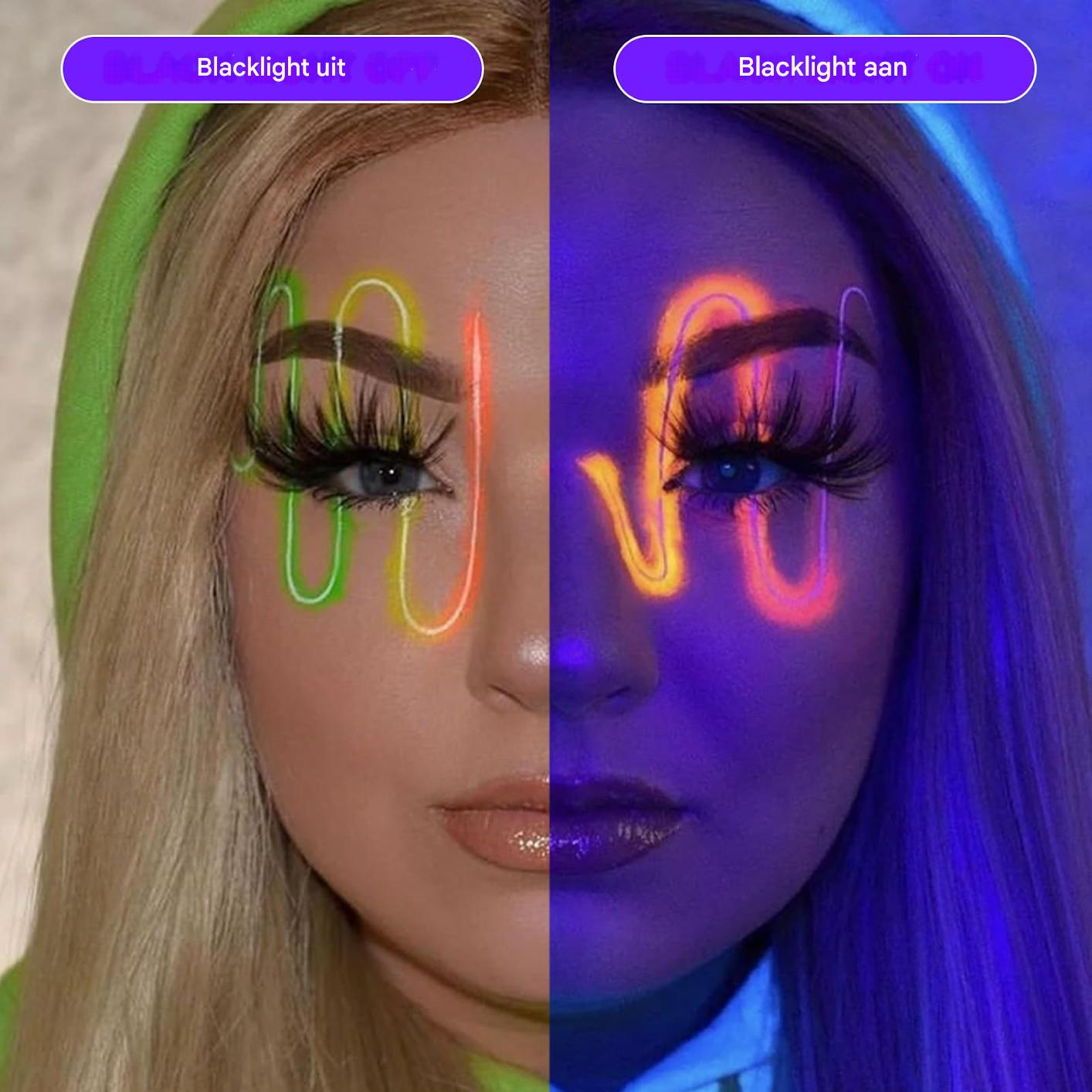 Geteiltes Frauenporträt. Links grüne und orange Linien. Rechts UV-leuchtende Linien. Text oben.