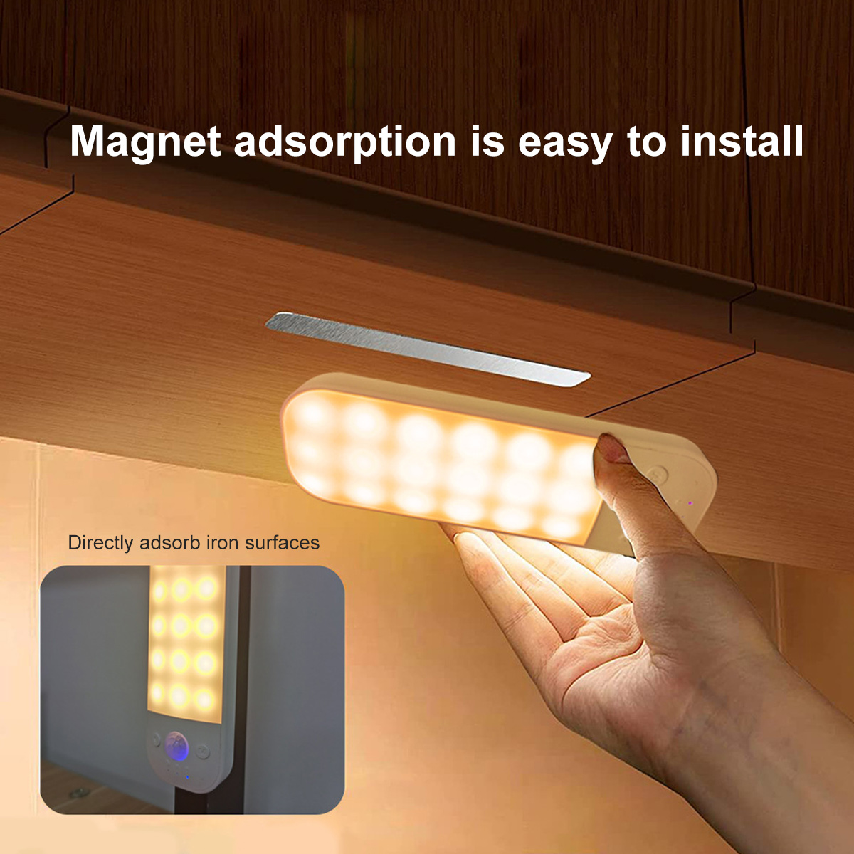 Eine Hand hält eine rechteckige LED-Leuchte unter einem Holzschrank. Der Text lautet 'Magnetadsorption ist einfach zu installieren'.
