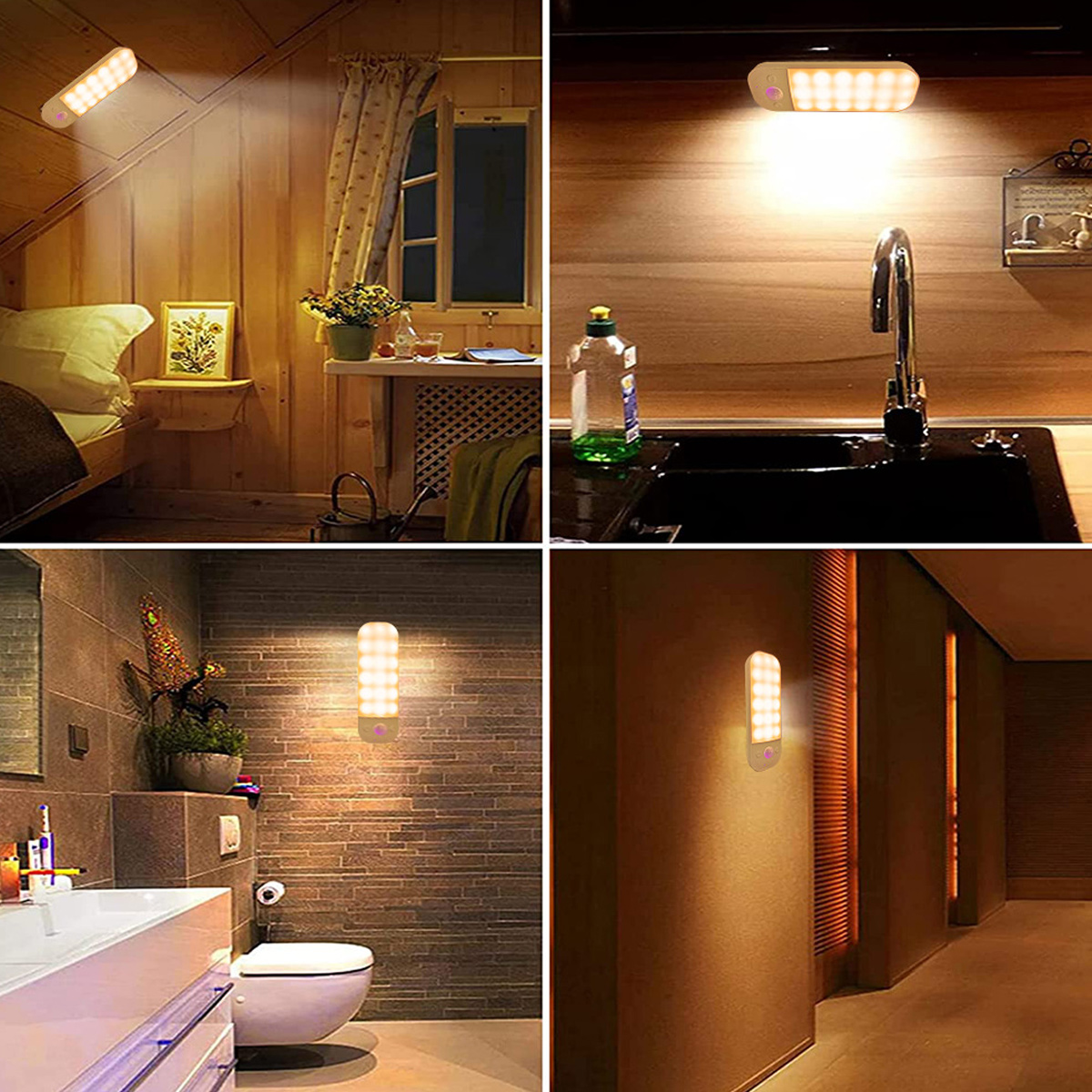 Vier Bilder zeigen LED-Leuchten in verschiedenen Umgebungen: Schlafzimmer, Küche, Bad und Flur. Jedes Bild zeigt das eingeschaltete Licht.