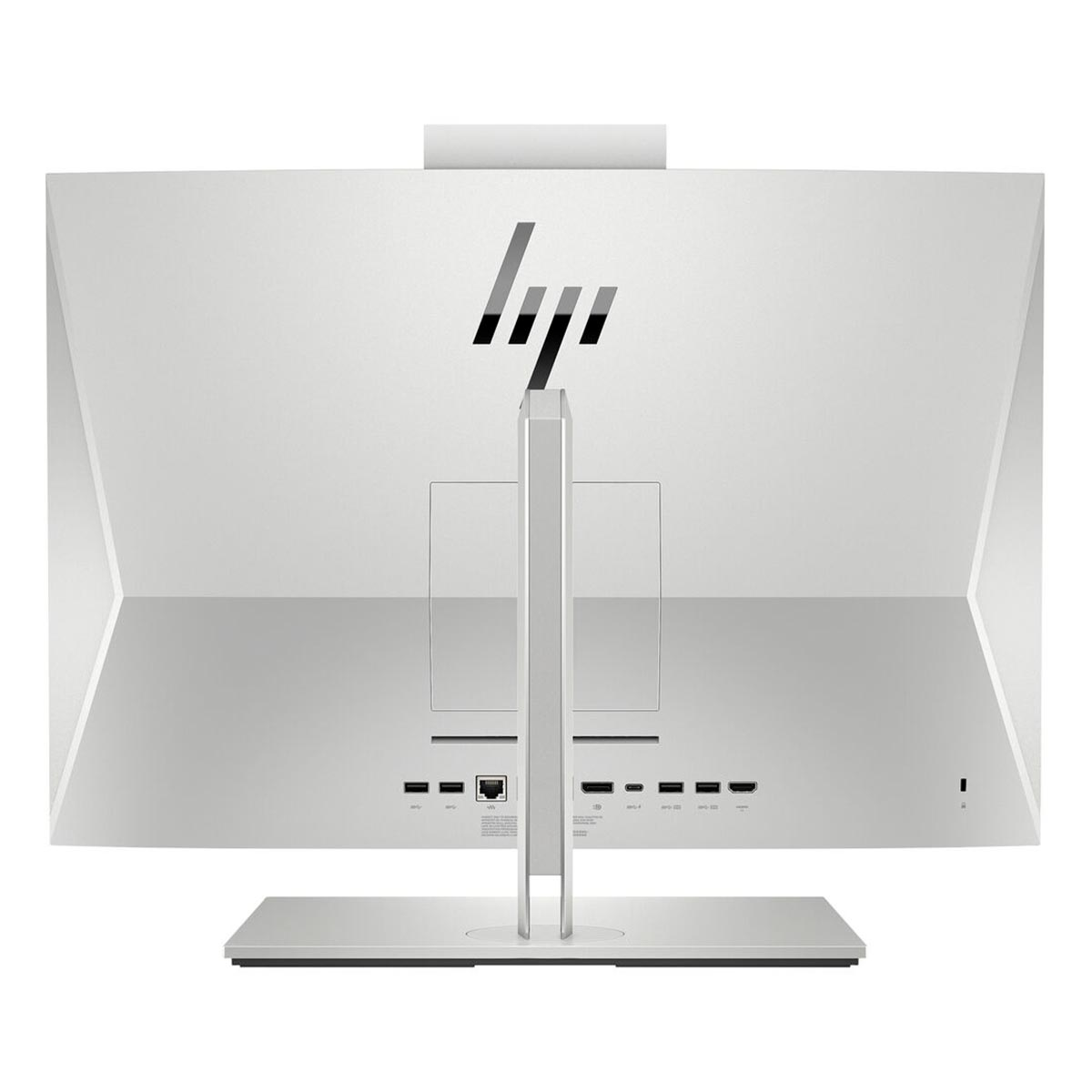 Widok z tyłu białego komputera HP all-in-one. Posiada logo HP, porty i podstawę. Design jest elegancki i nowoczesny.