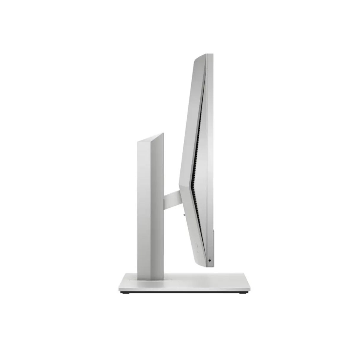 Widok z boku srebrnego monitora komputera. Ma prostokątną podstawę, pionową podstawkę i cienki ekran.